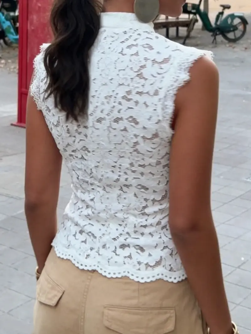 Women's Spring Summer Stand Collar Button Front Lace Vest, Floral Cut Out Hem, Lightweight Breathable Slim Fit, Casual Street Style Aesthetic Top, Fashion Vest Women's Spring Summer Stand Collar Button Front Lace Vest, Floral Cut Out Hem, Lightweight Breathable Slim Fit, Casual Street Style Aesthetic Top, Fashion Vest