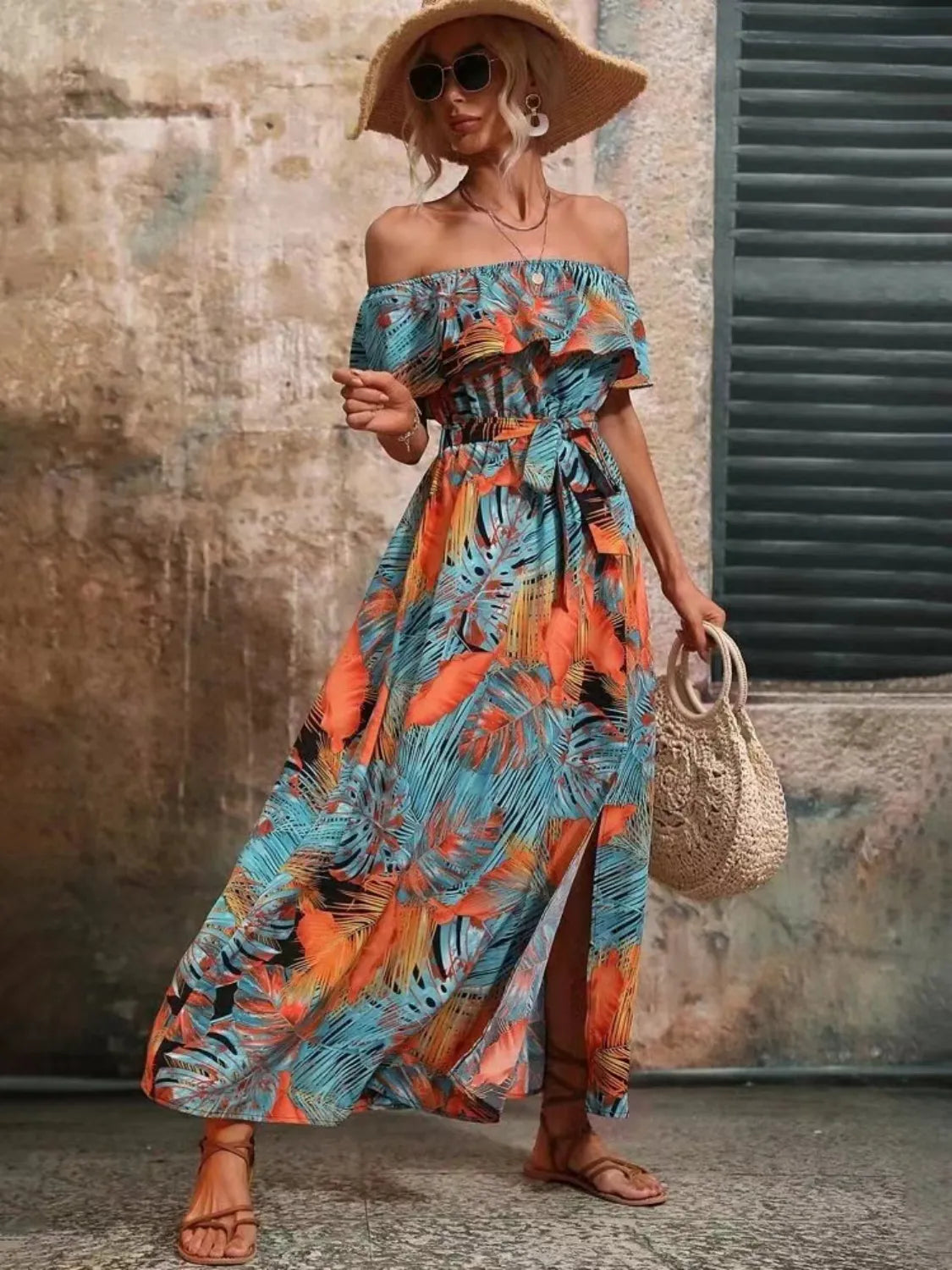 Moonlit Ruffled Printed Off Shoulder Maxi Dress | 4 colors | Poundton-Tactilefable