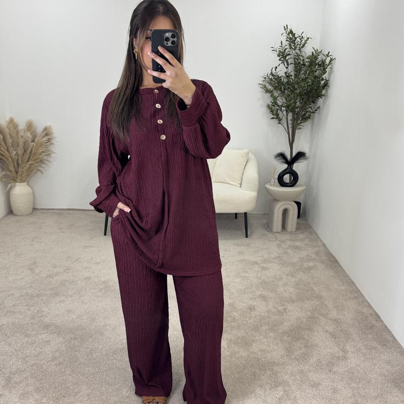 Crinkle Plissé Button-Up Top & Wide-Leg Trouser Set