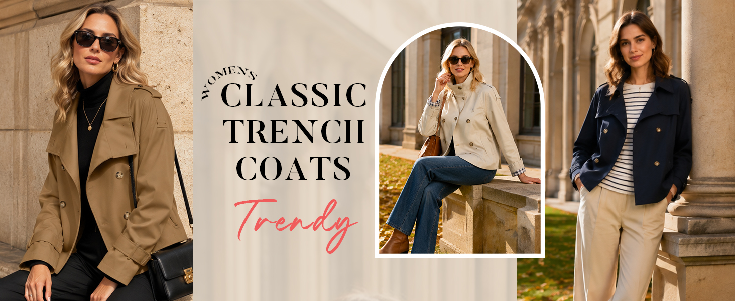 Women Crop Double Breasted Trench Coat Cropped Jacket With Pockets