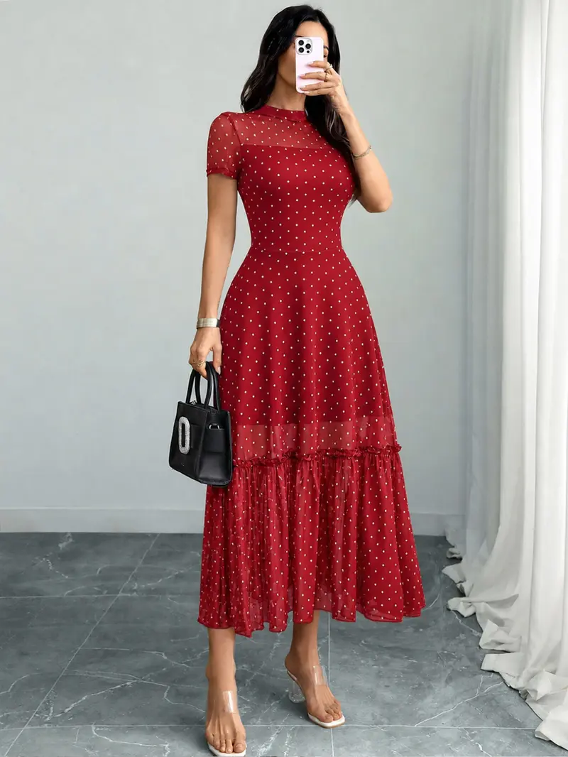 Women's Sexy Leopard Print Elegant Round Neck Mesh Skirt Dress, Stylish Casual Fashion, Perfect for Parties and Daily Wear, Date Night Dresses