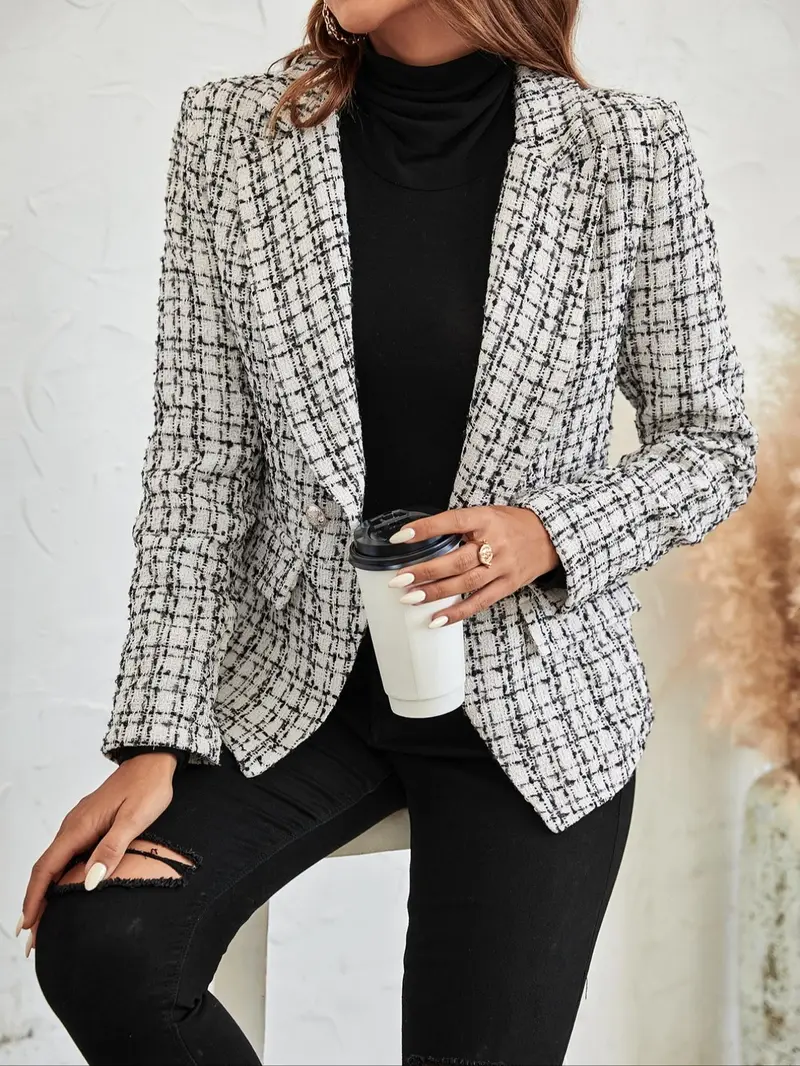 Women's Plaid Print Double Button Flap Detail Lapel Trendy Fashion Blazer, Casual Long Sleeve Outerwear for Fall & Winter, Ladies Clothes for Work Office Business, Elegant
