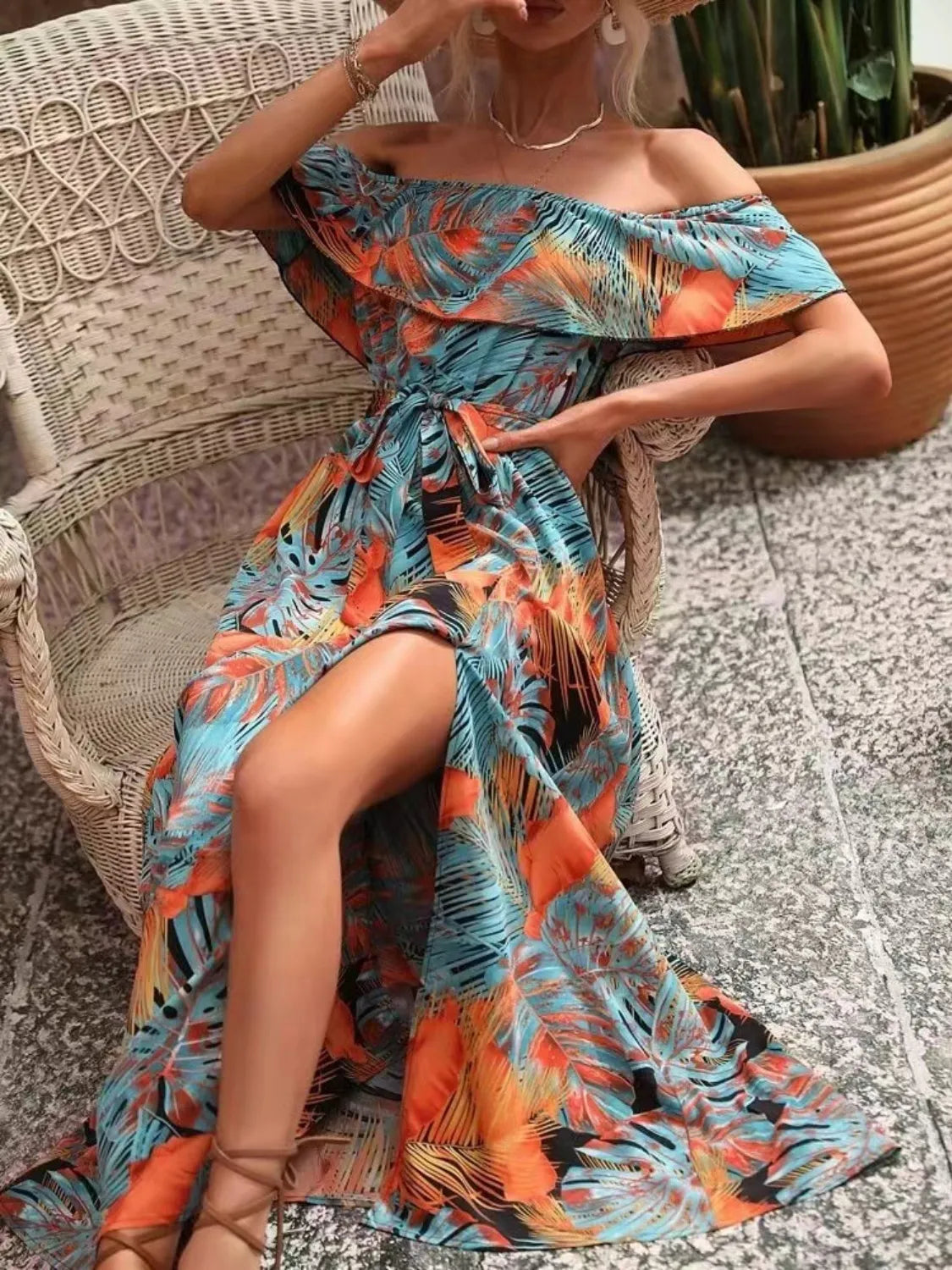 Moonlit Ruffled Printed Off Shoulder Maxi Dress | 4 colors | Poundton-Tactilefable