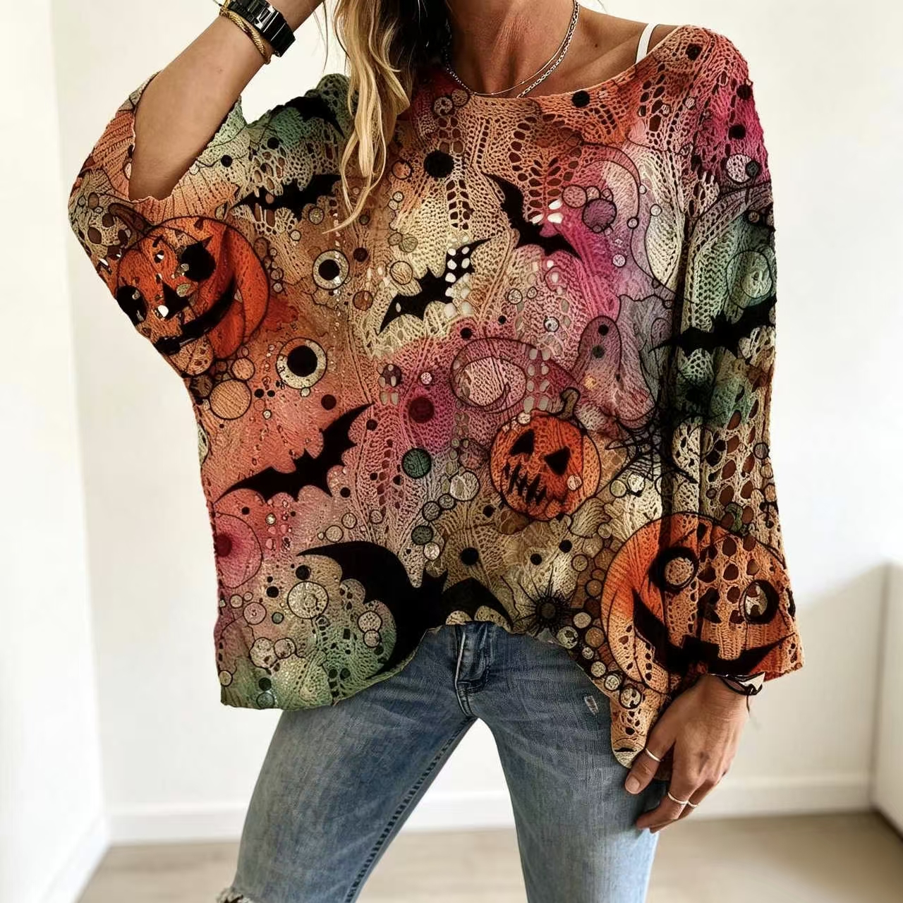 Women's Long-Sleeve Style Knitwear Piece, Halloween Pumpkin-Bat Print Casual Fall Pullover.