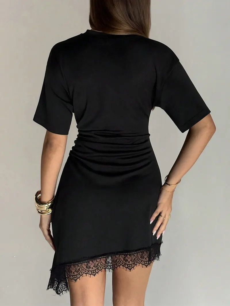 Short Sleeve Lace Trim Asymmetrical T-Shirt Dress Women Daily Wear Casual Mini Dress Short Sleeve Lace Trim Asymmetrical T-Shirt Dress Women Daily Wear Casual Mini Dress