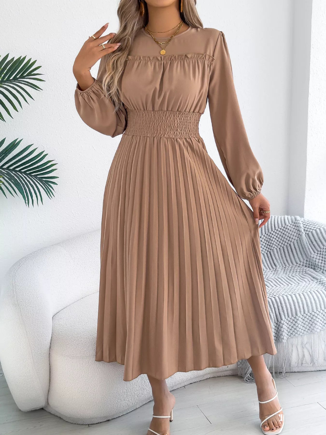 Pleated Waist-Defined Midi Dress | 3 Colors | Poundton-Tactilefable