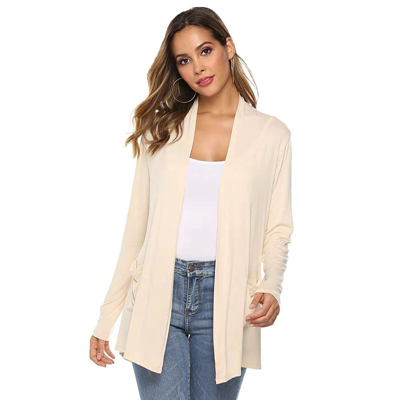 Women's Modal Long Sleeve Open Front Cardigan, V Neck Mid Length Casual Knit Cardigan with Pockets-TACTILEFABLE