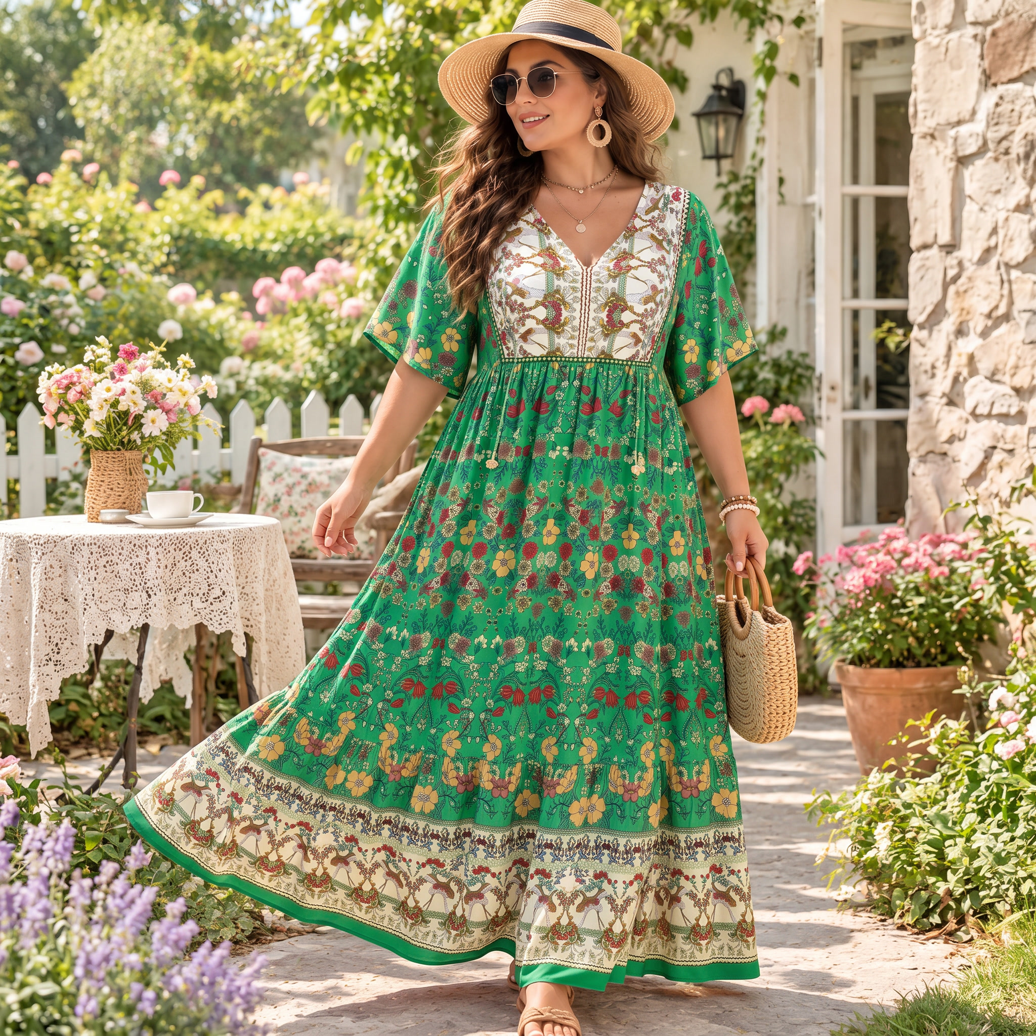 Floral Boho V-Neck Flutter Sleeve Maxi Dress-Tactilefable