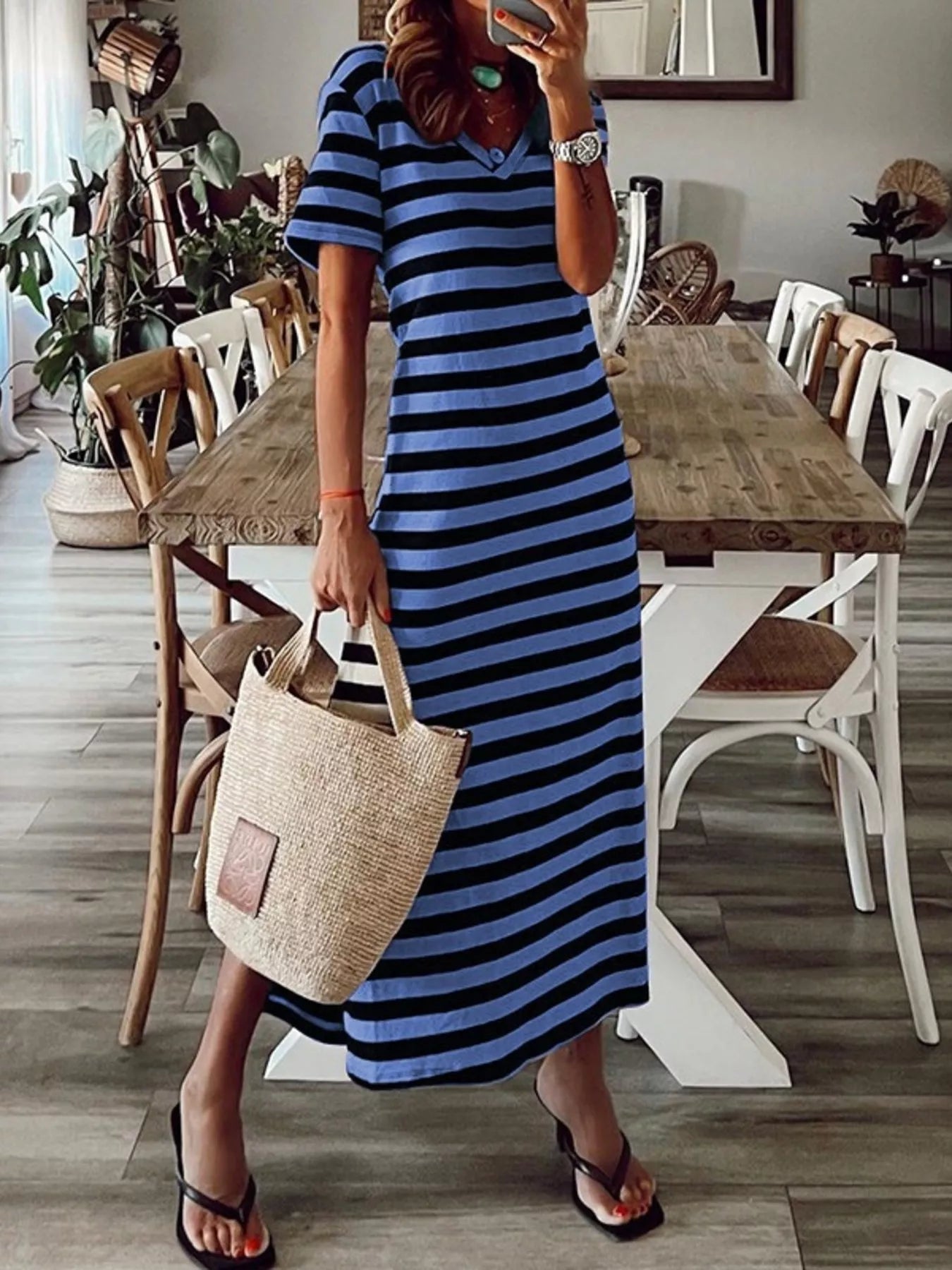 Vivian Striped V-Neck Midi T-shirt Dress with Side Slit | 4 Colors-Tactilefable