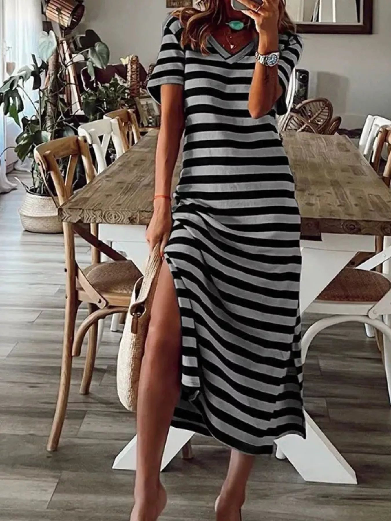 Vivian Striped V-Neck Midi T-shirt Dress with Side Slit | 4 Colors-Tactilefable