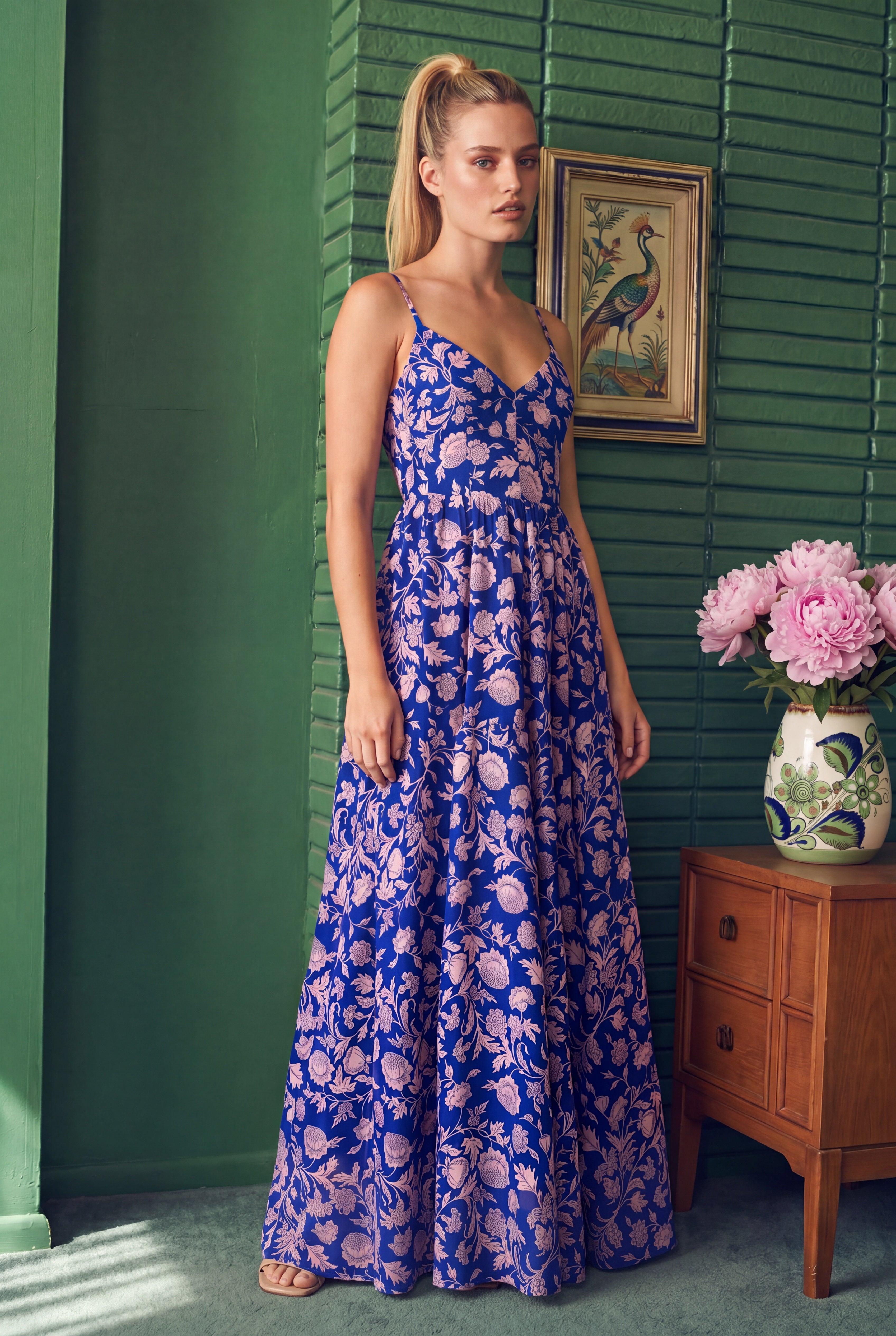 Amalie Ballerina Daytime Maxi Gown in Violet and Pink Capri Floral Crepe-Tactilefable