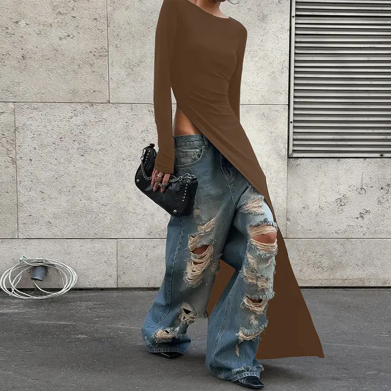 Women's Plain Asymmetrical Split Hem Slit Design Boat Neck Dress, Casual Long Sleeve Dress for Spring & Fall, Women's Clothing for Daily Wear Women's Plain Asymmetrical Split Hem Slit Design Boat Neck Dress, Casual Long Sleeve Dress for Spring & Fall, Women's Clothing for Daily Wear