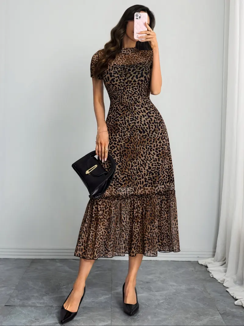 Women's Sexy Leopard Print Elegant Round Neck Mesh Skirt Dress, Stylish Casual Fashion, Perfect for Parties and Daily Wear, Date Night Dresses