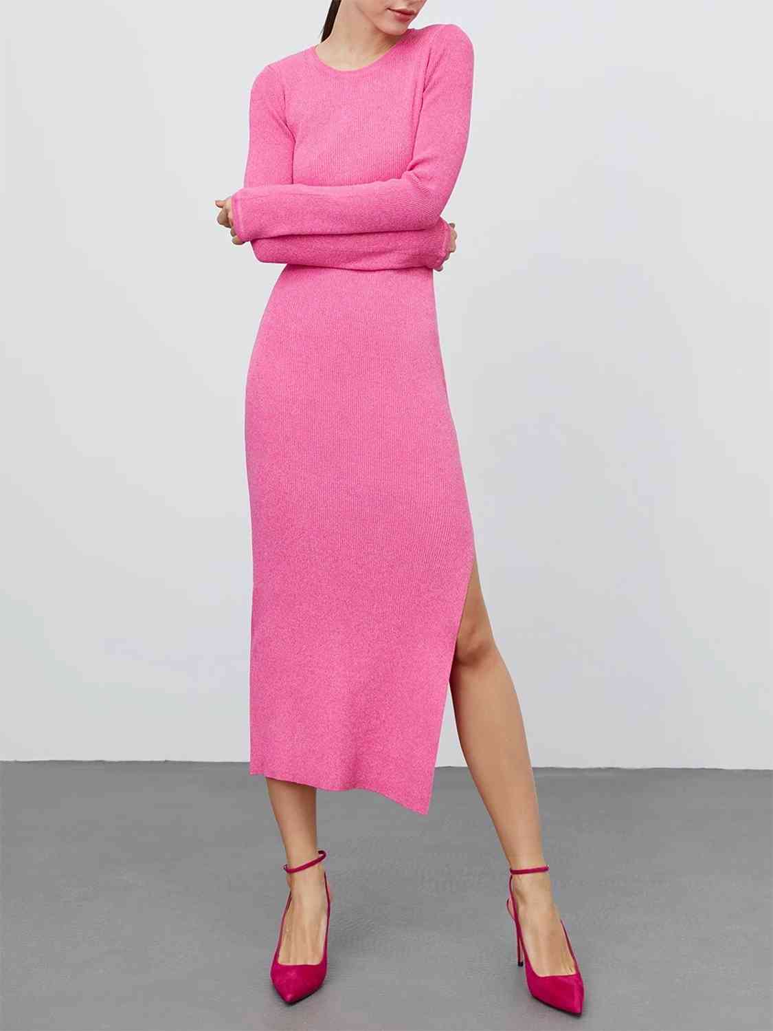 Autoamerican 80's Round Neck Side Slit Sweater Dress-Tactilefable