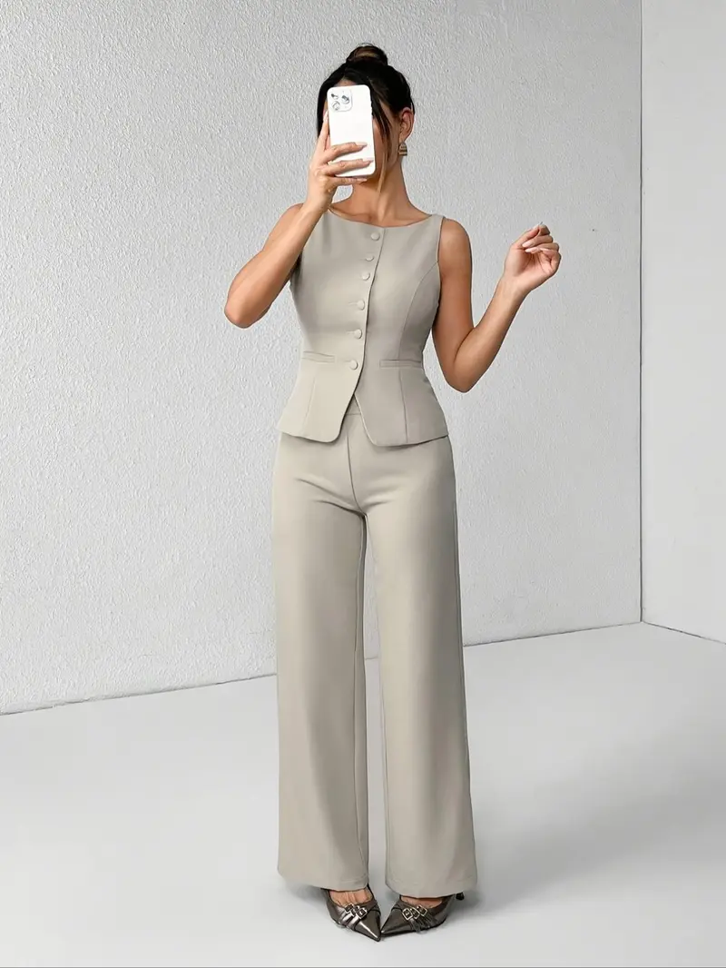 【Black Friday】Women's Solid Color Button Front Tank Top & Wide-Leg Pants Set, Casual Fashion Two-piece Set for Summer, Women's Clothing for Daily Wear, Office Siren Outfits, Elegant Suits