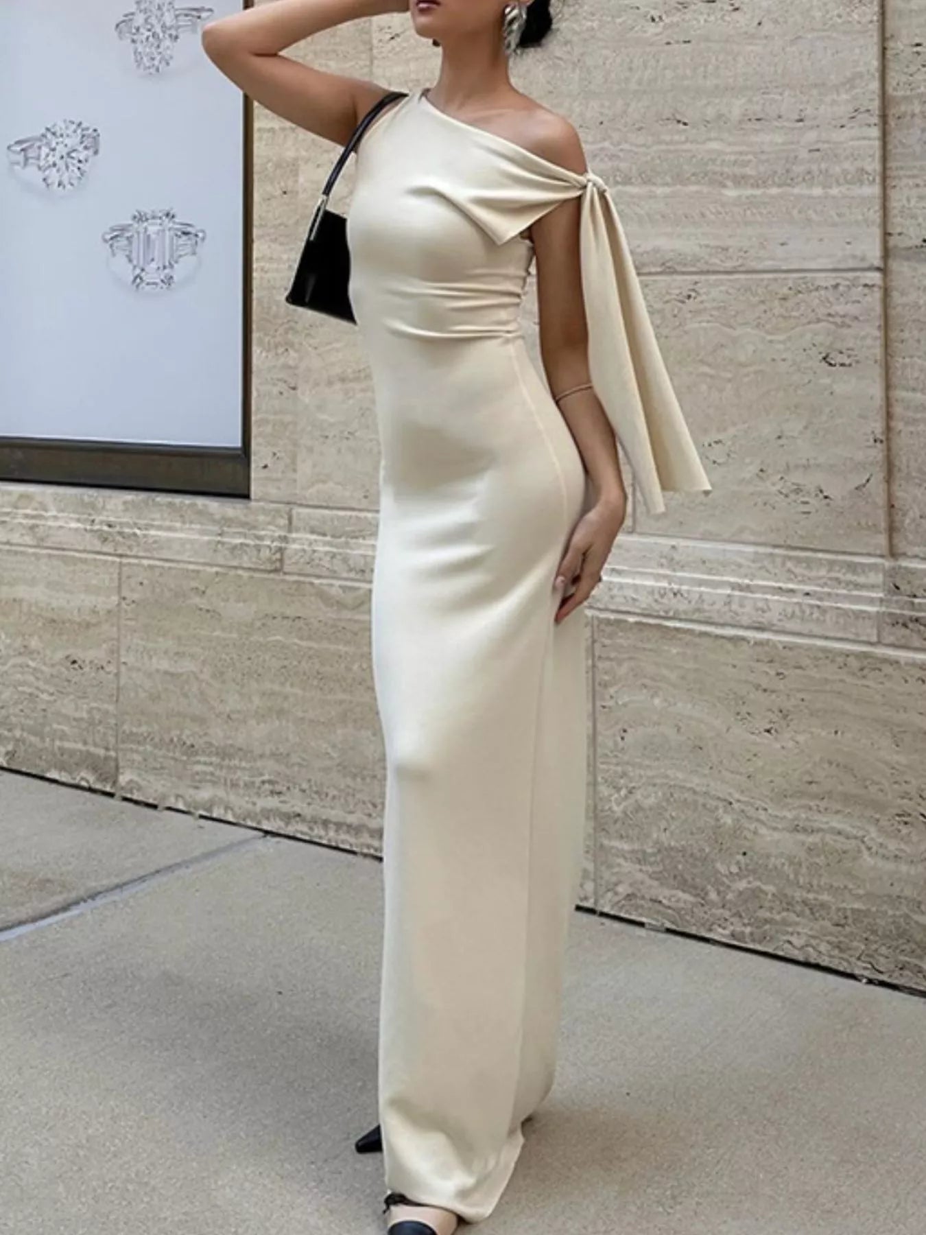 Elegant Sleeveless Tie-Shoulder Maxi Dress | Ivory or Black-Tactilefable