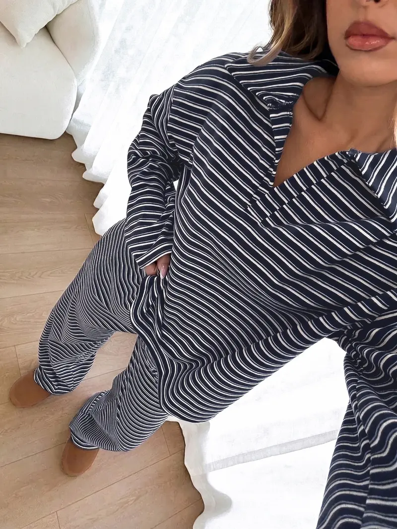 Women's 2pcs Set Loose Striped V-Neck Drop Shoulder Long Sleeve T-Shirt &Elastic Waist Striped Pants, Brown, Casual Sets For Women, Pajamas Set, Sleepwear Loungewear, Casual Sets For Women Brown Two Piece Set Women