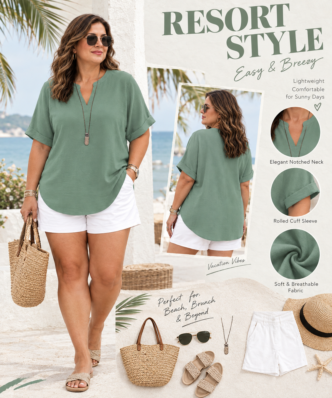 Notch Neck Rolled Cuff Blouse-Tactilefable