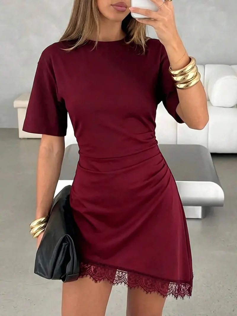 Short Sleeve Lace Trim Asymmetrical T-Shirt Dress Women Daily Wear Casual Mini Dress Short Sleeve Lace Trim Asymmetrical T-Shirt Dress Women Daily Wear Casual Mini Dress