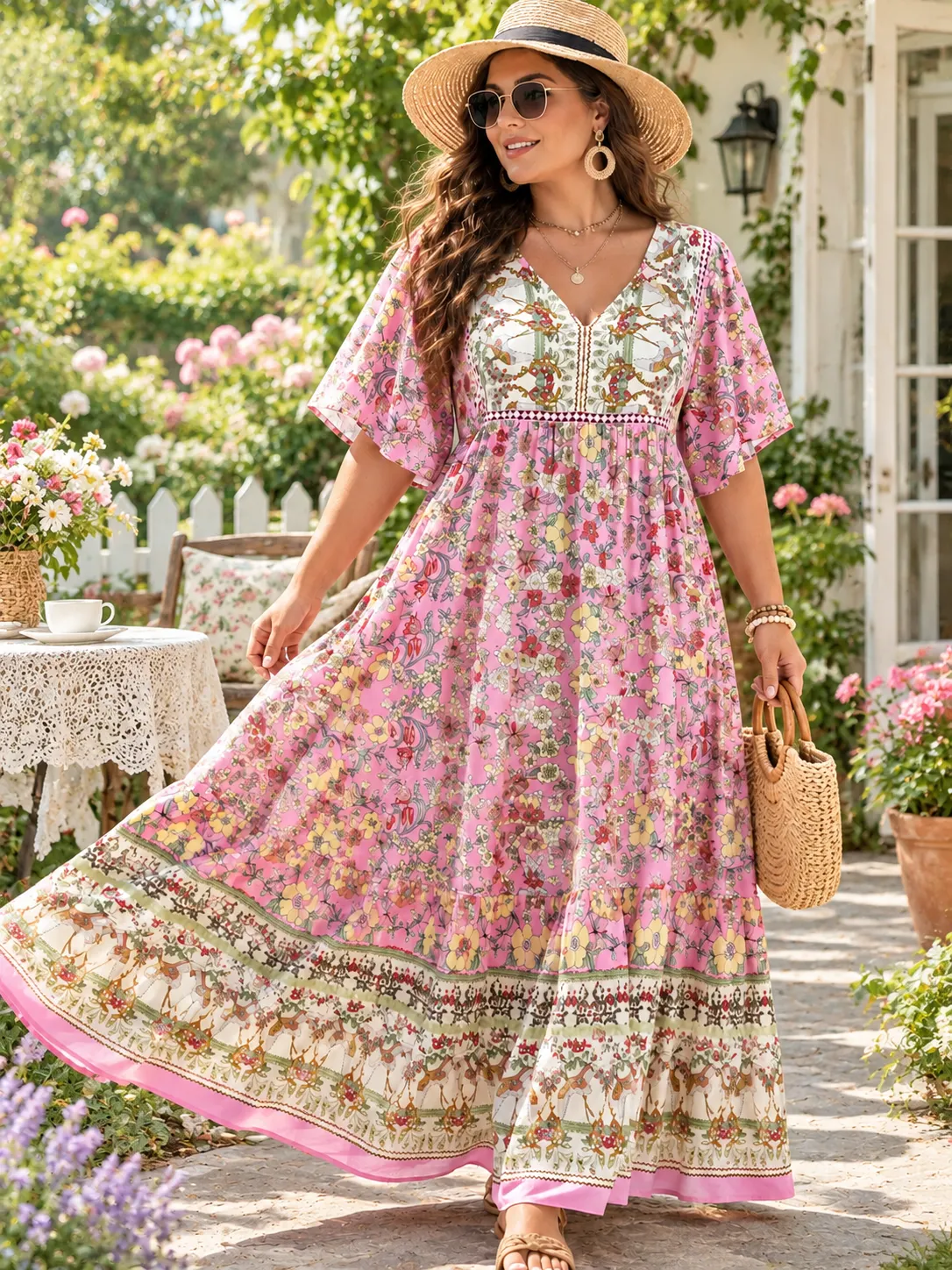 Floral Boho V-Neck Flutter Sleeve Maxi Dress-Tactilefable