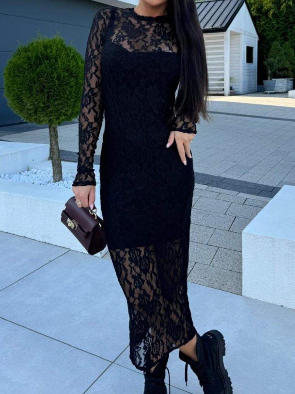 Lace Round Neck Long Sleeve Midi Dress | Poundton-Tactilefable
