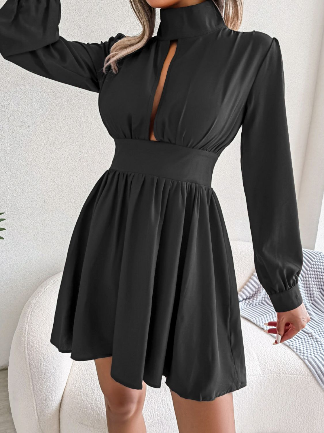 Jennifer Cutout Turtleneck A-Line 80s Swing Mini Dress | 3 Colors-Tactilefable