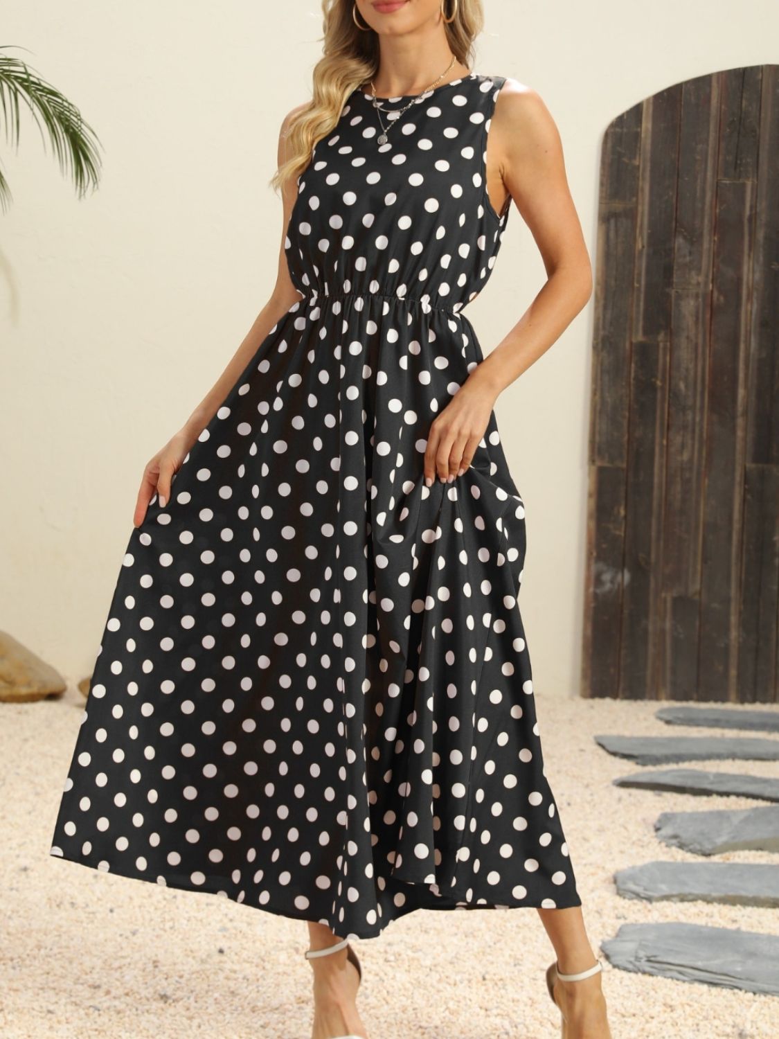 Grace Polka Dot Round Neck Sleeveless Midi Dress | 2 Colors-Tactilefable
