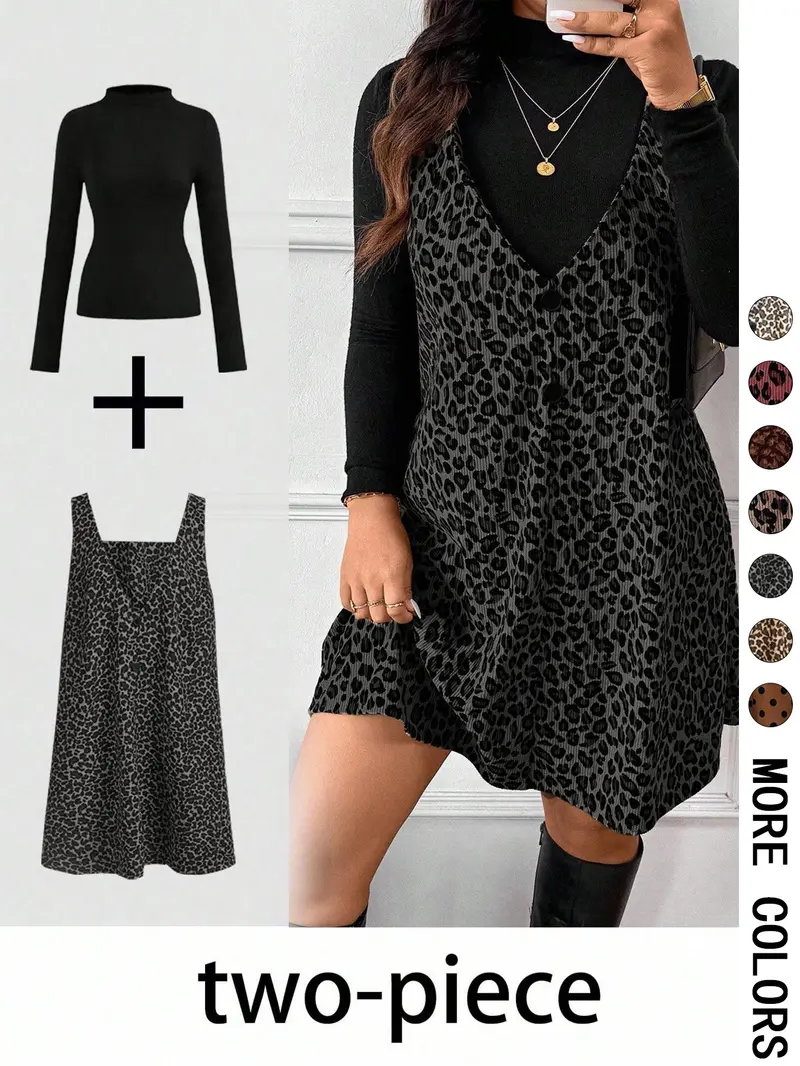 Women's High Neck Inner Layer + Leopard Print Strap Skirt Set, Casual Daily Spring Autumn Commuter, Two-Piece Ensemble, Top And Skirt Set