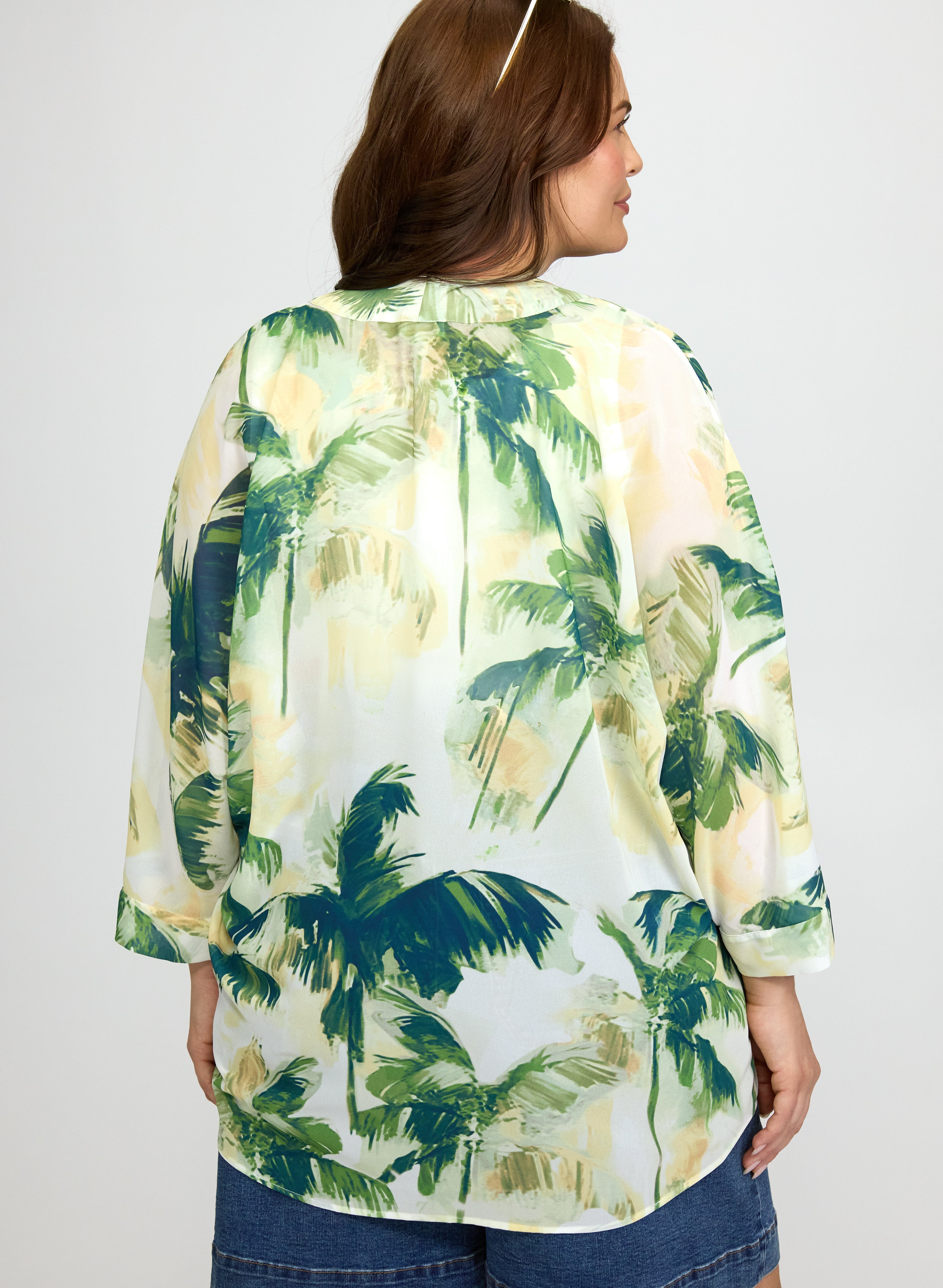 Palm Print Open Front Blouse-Tactilefable