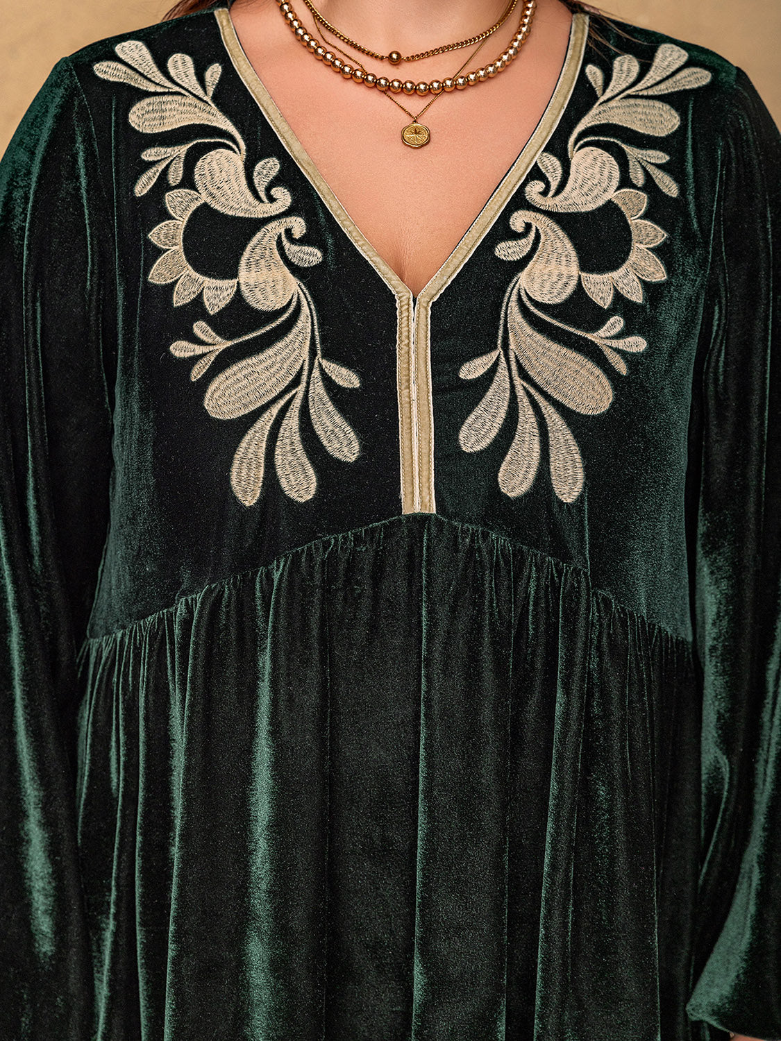 Embroidered V-Neck Long Sleeve Dress | Poundton-Tactilefable