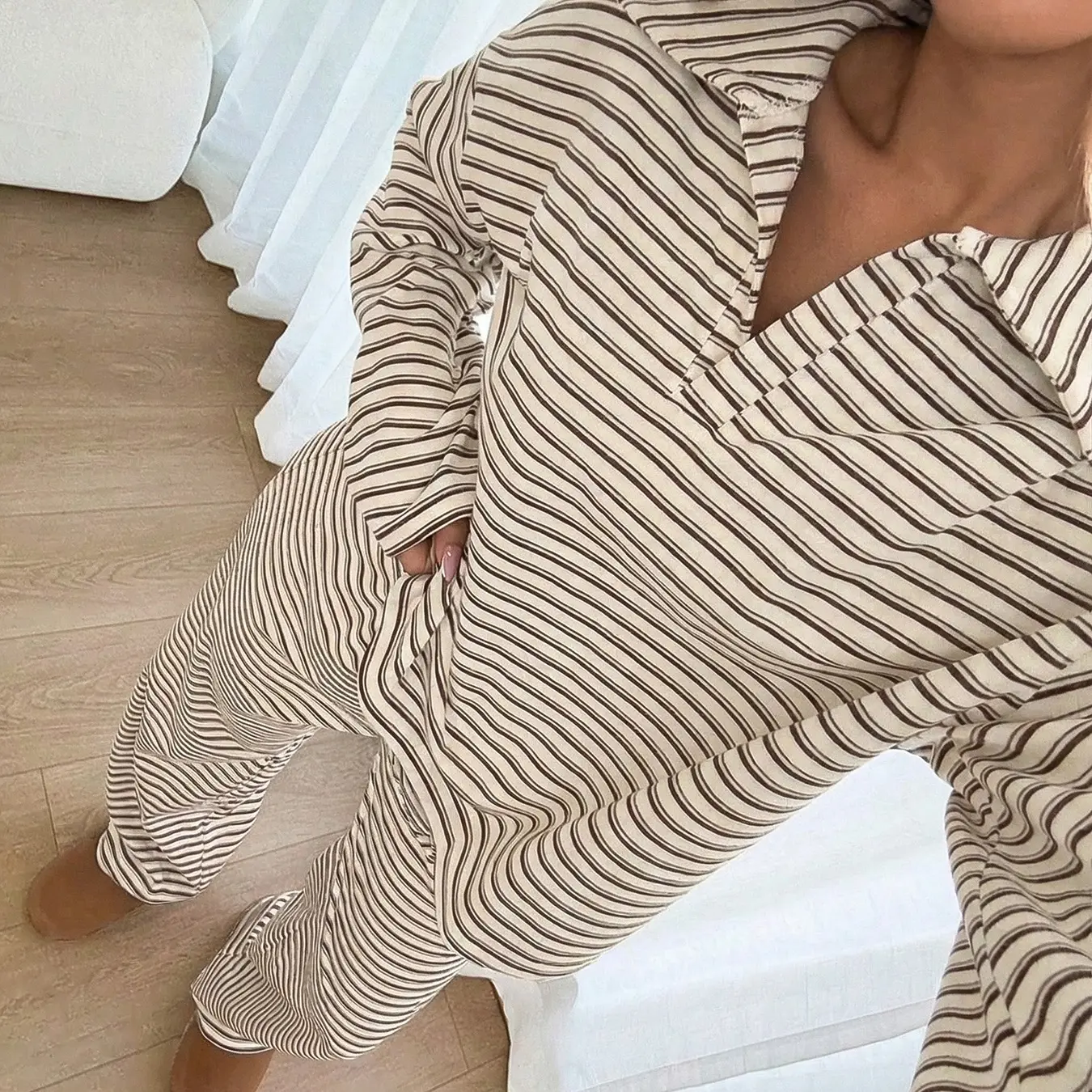 Women's 2-Piece Striped V-Neck Lounge Set