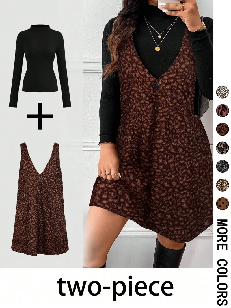 Women's High Neck Inner Layer + Leopard Print Strap Skirt Set, Casual Daily Spring Autumn Commuter, Two-Piece Ensemble, Top And Skirt Set