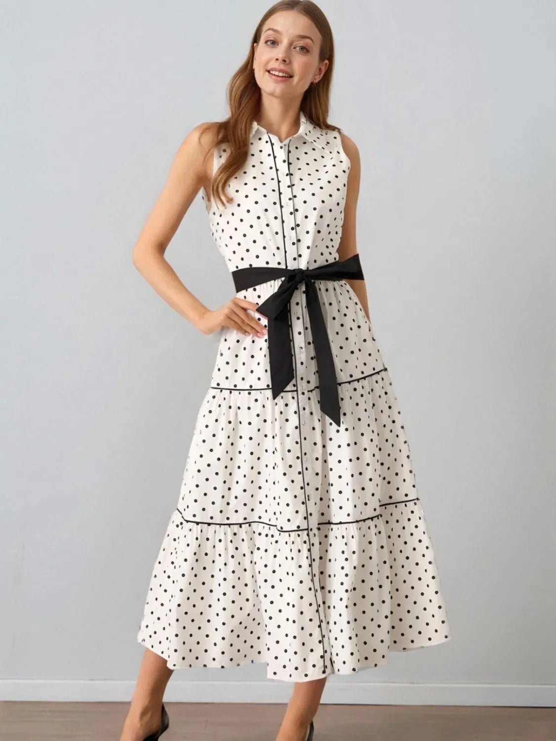 Polka Dot Bowed Sleeveless Midi Shirt Dress | Color White | Poundton-Tactilefable