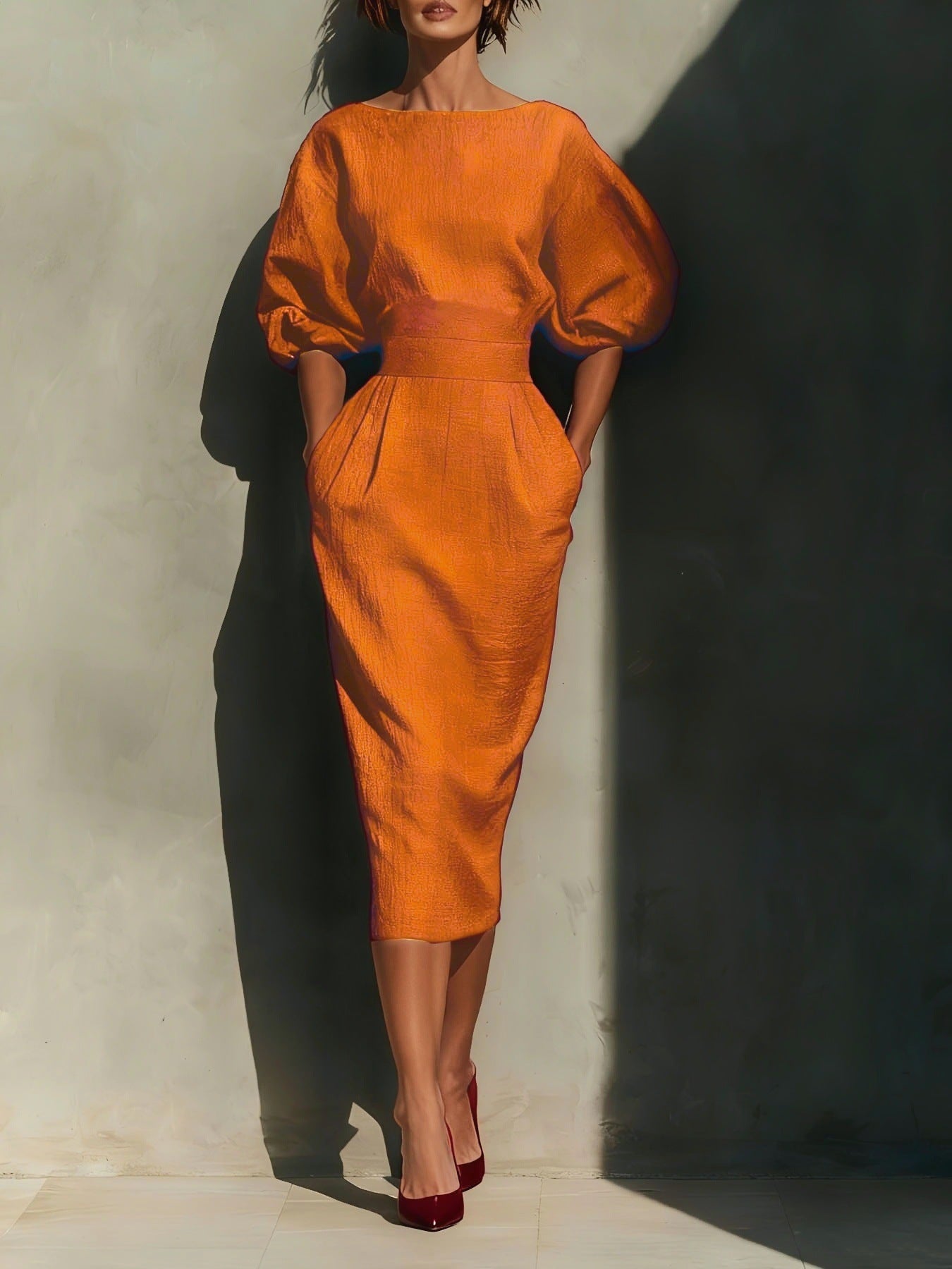 Puff-Sleeve Midi Dress with Pockets | 3 Colors-Tactilefable