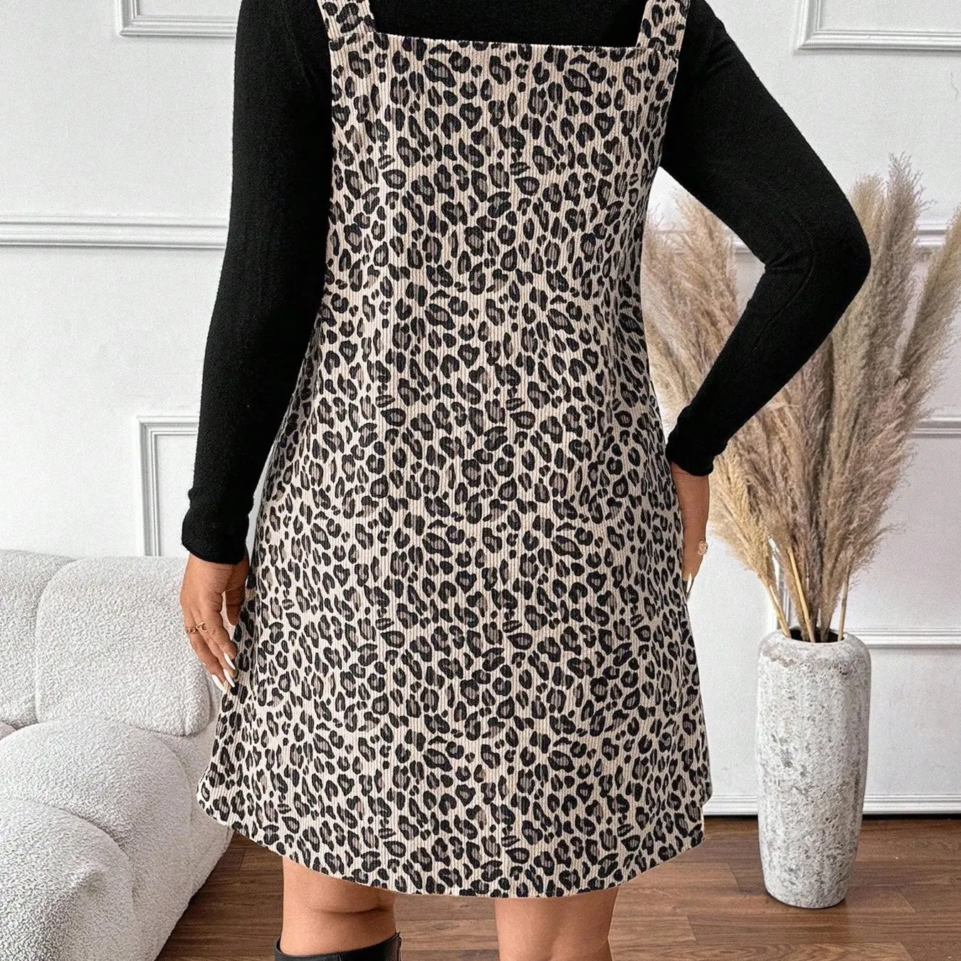 Women's High Neck Long Sleeve Inner Layer & Leopard Print Strap Skirt Matching Set