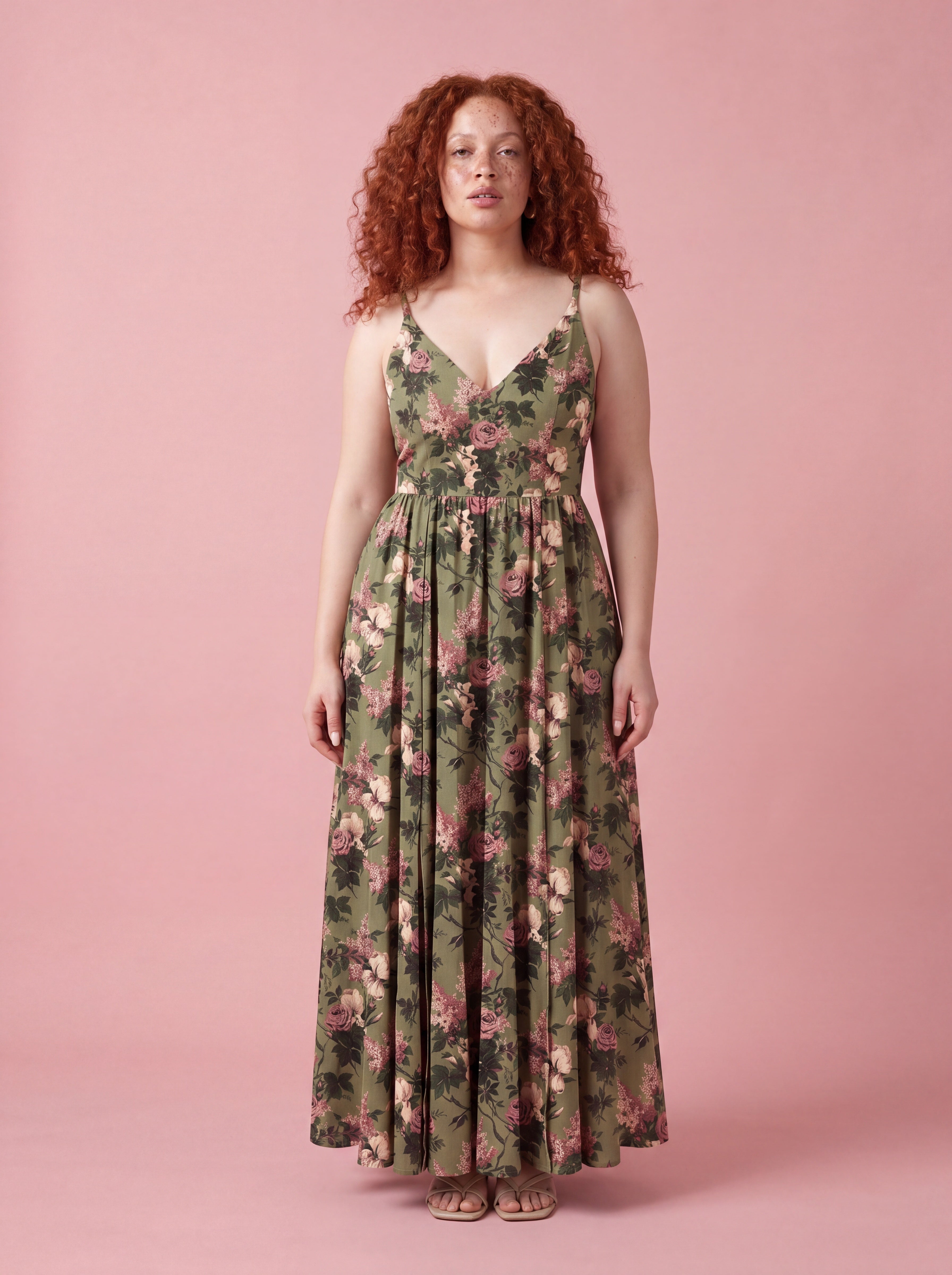 Amalie Daytime Maxi Gown in Green Caledonia Bella Roses-Tactilefable