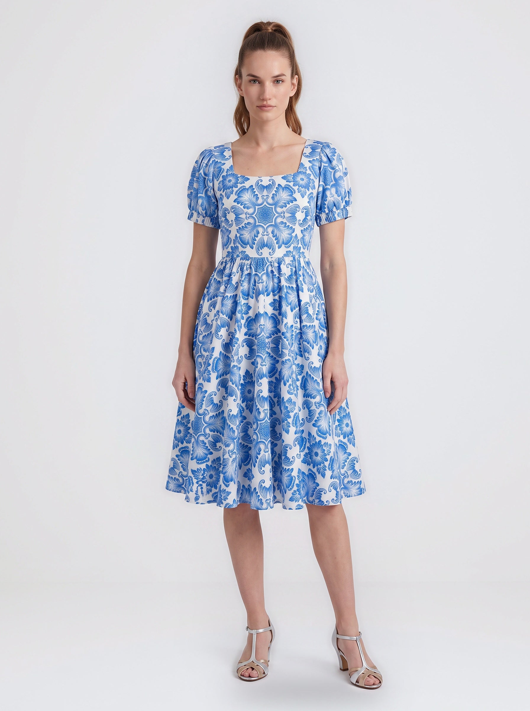 Amara Swing Dress in Blue Noto Tile-Tactilefable
