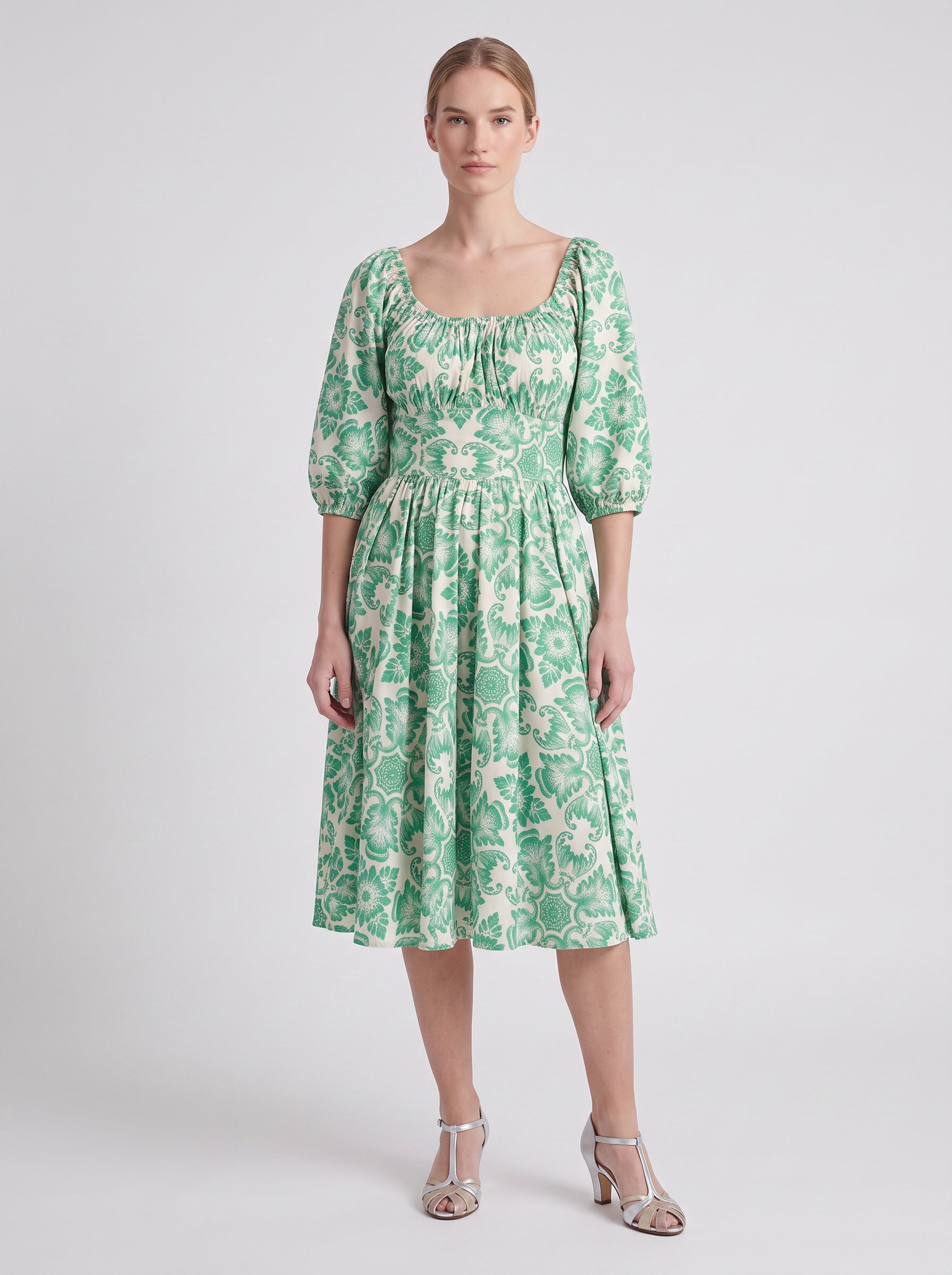 Marie-Therese Peasant Dress in Green Noto Tile-Tactilefable