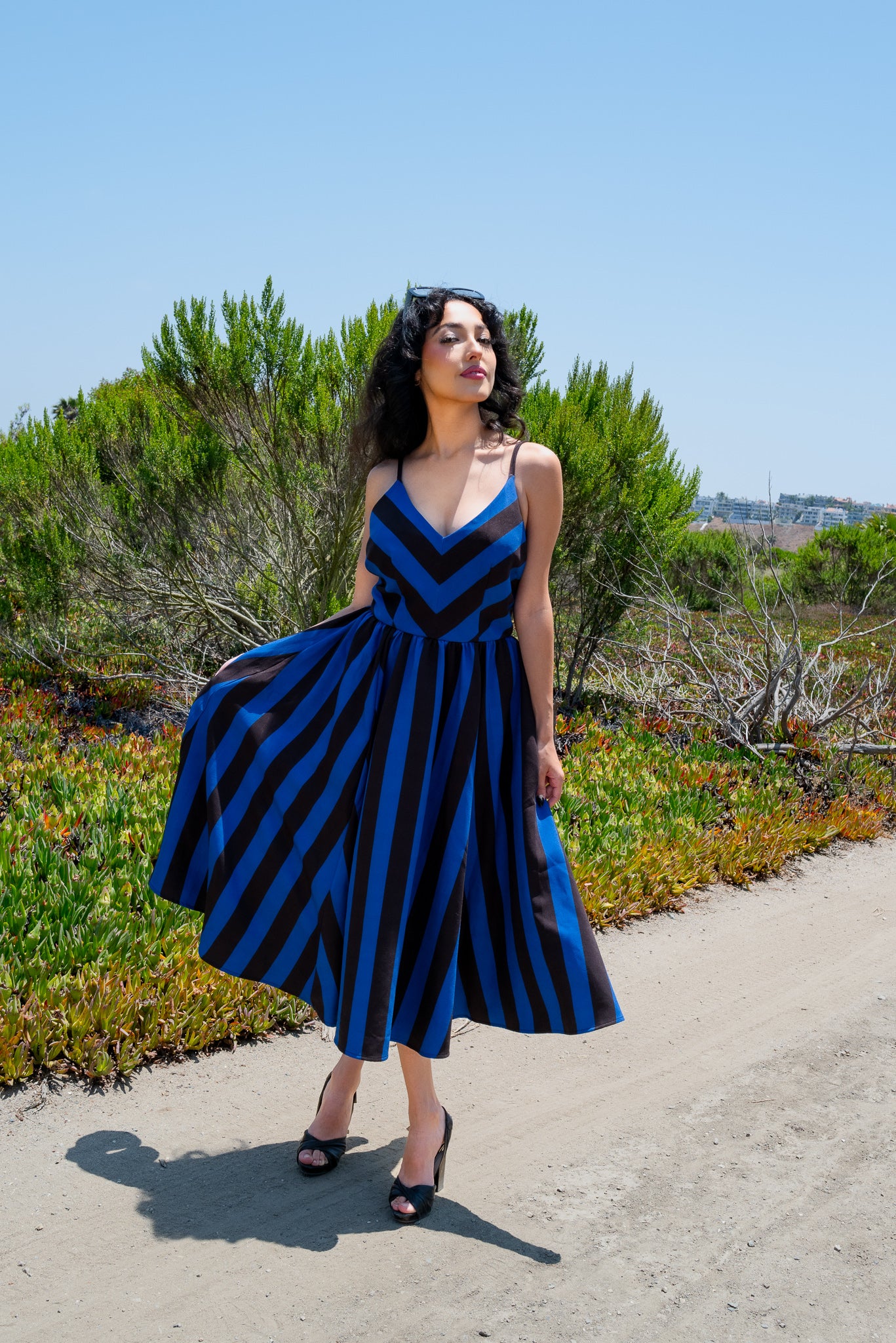 Amalie Ballerina 70's Style Swing Dress in Nevermore Mark Stripe Crepe-Tactilefable