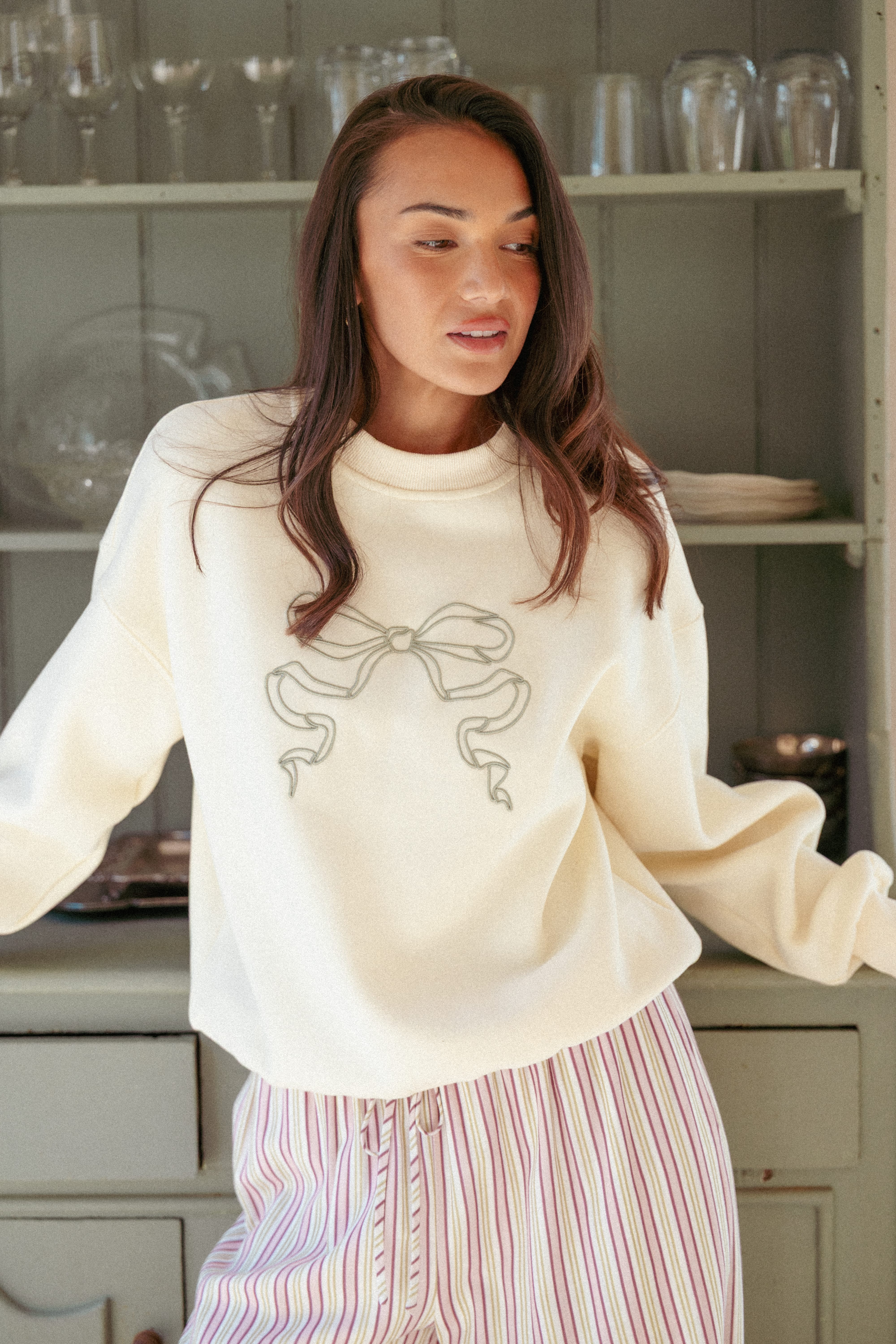 Danni Bow Embellished Sweatshirt - Cream-Tactilefable