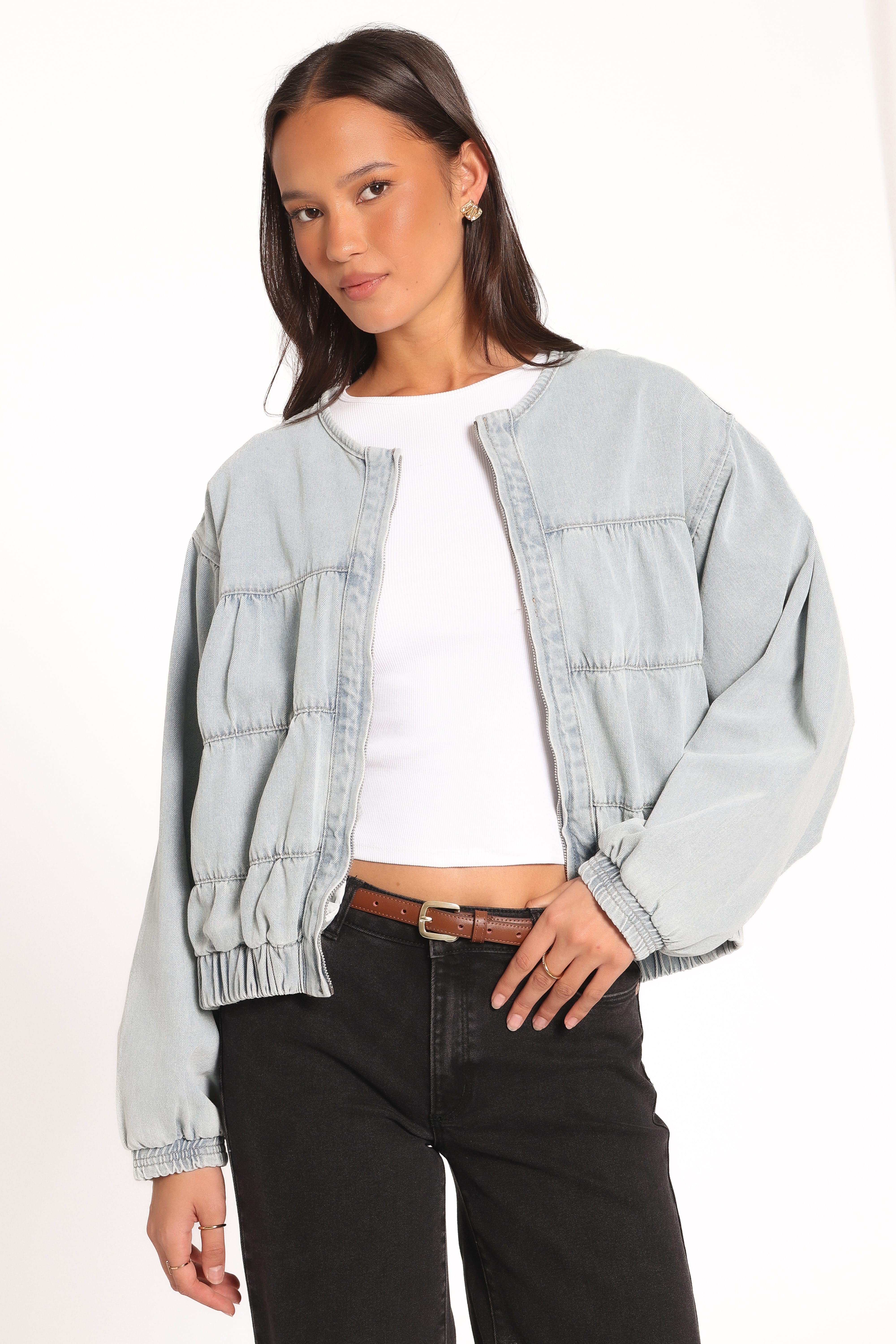 Gretal Denim Bomber Jacket - Light Blue Wash-Tactilefable