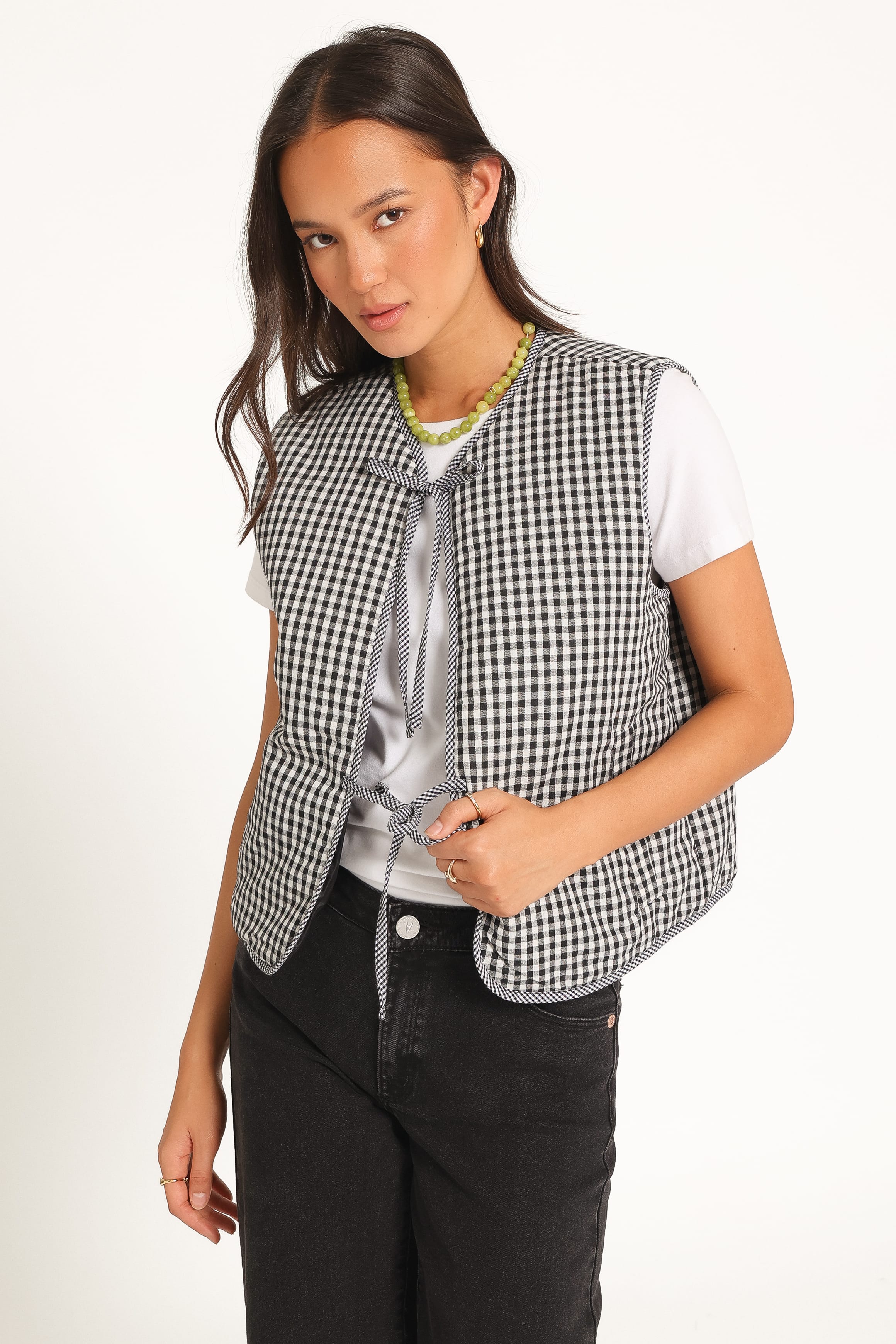 Laila Tie Front Vest - Black Gingham-Tactilefable