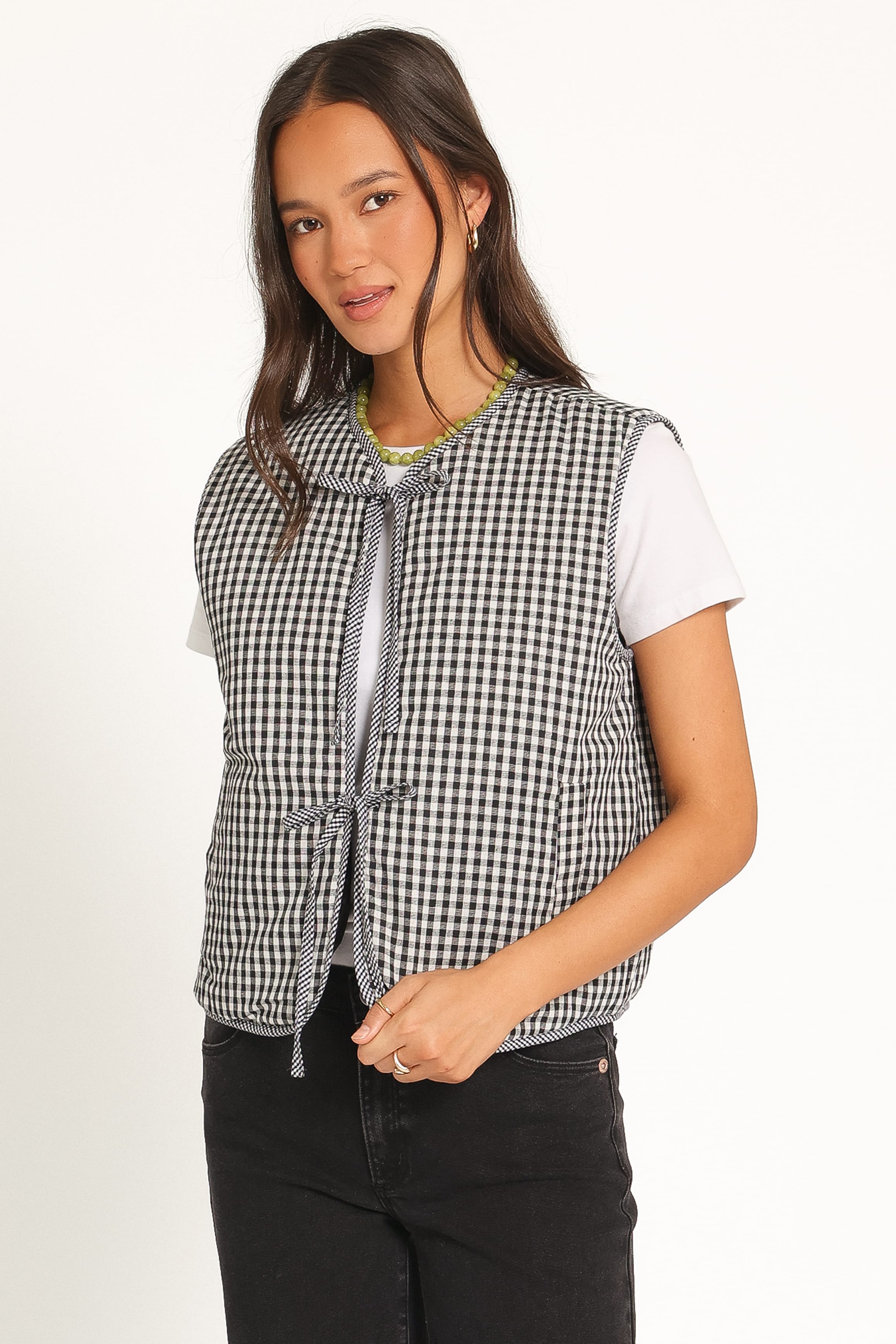 Laila Tie Front Vest - Black Gingham-Tactilefable