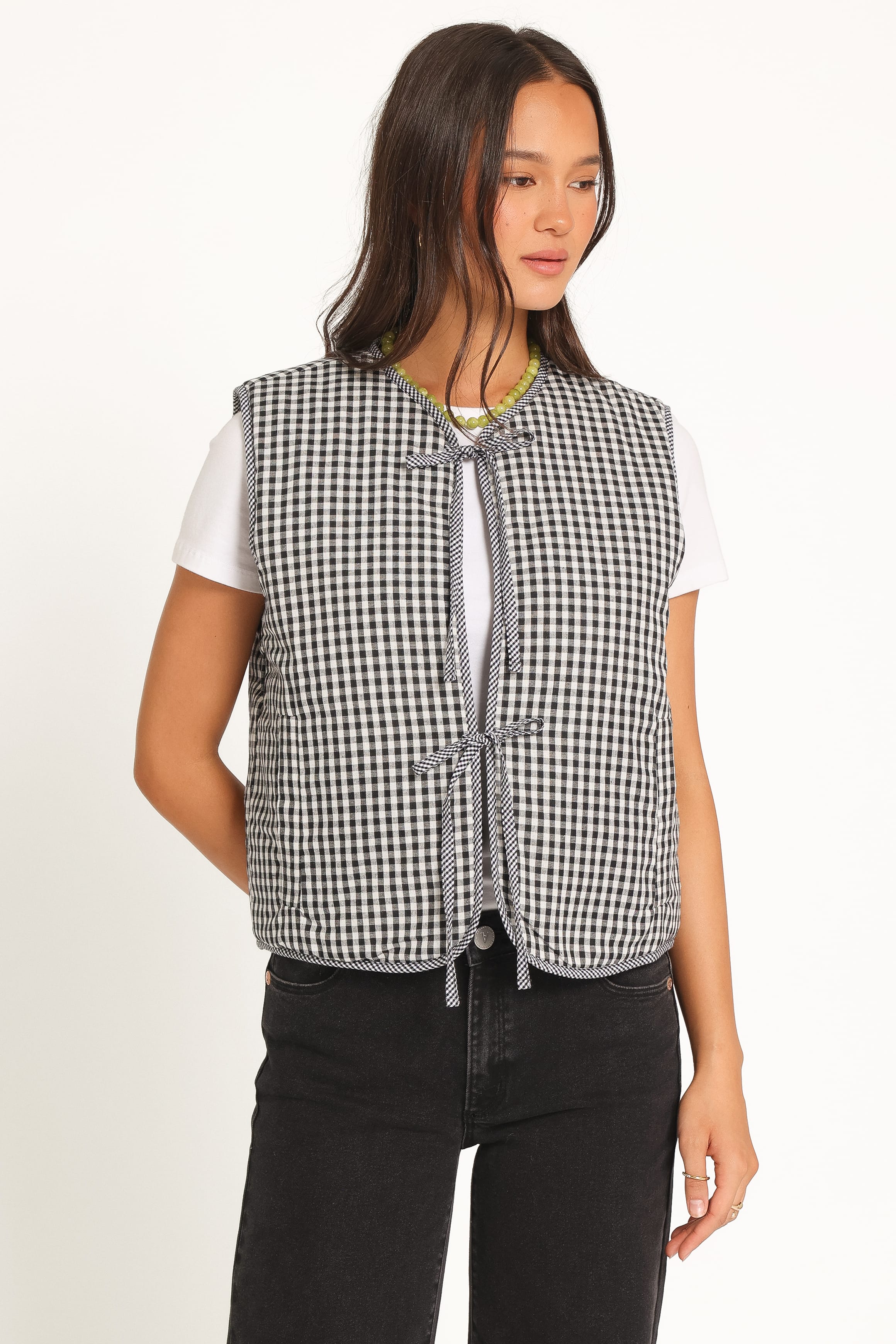 Laila Tie Front Vest - Black Gingham-Tactilefable