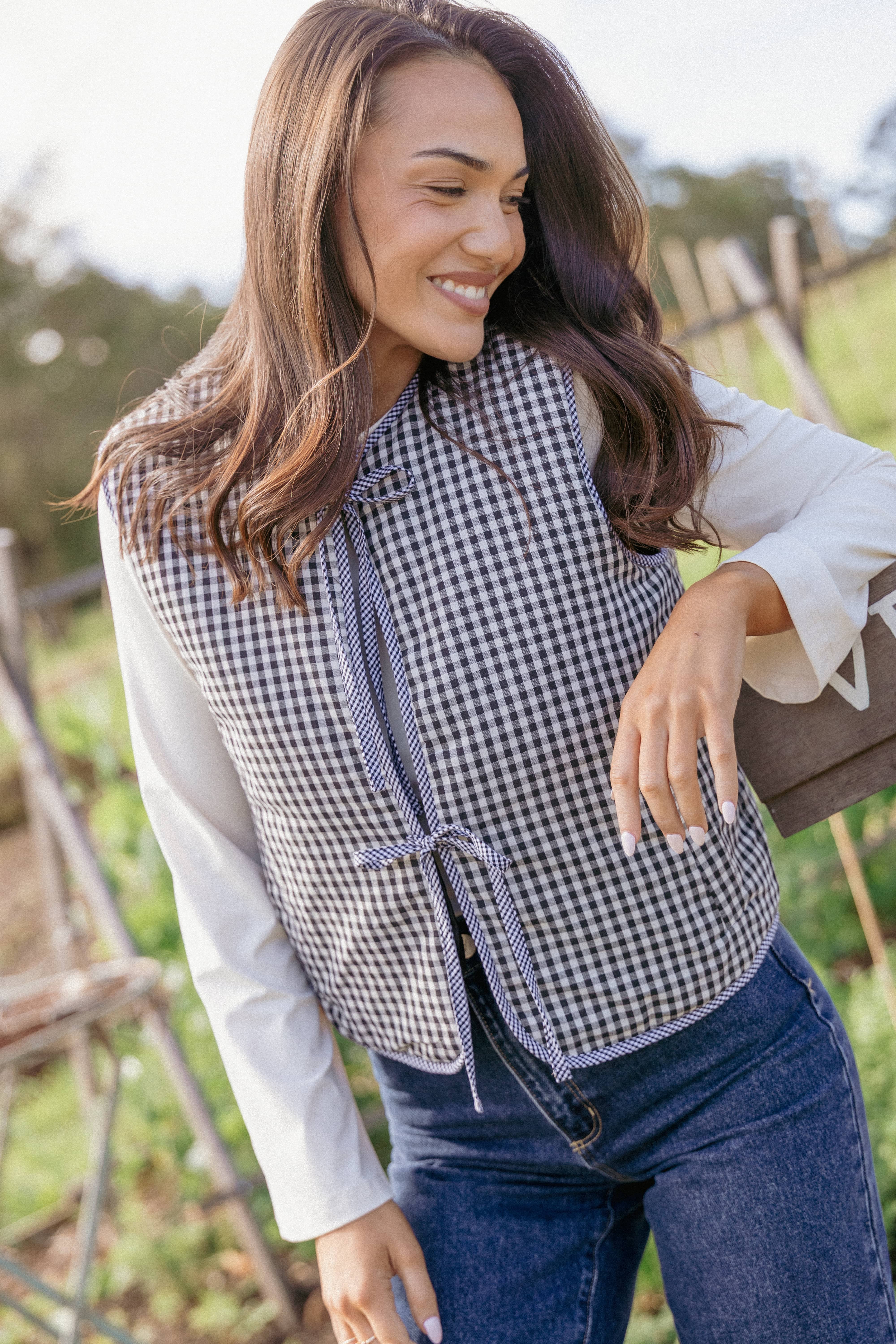 Laila Tie Front Vest - Black Gingham-Tactilefable