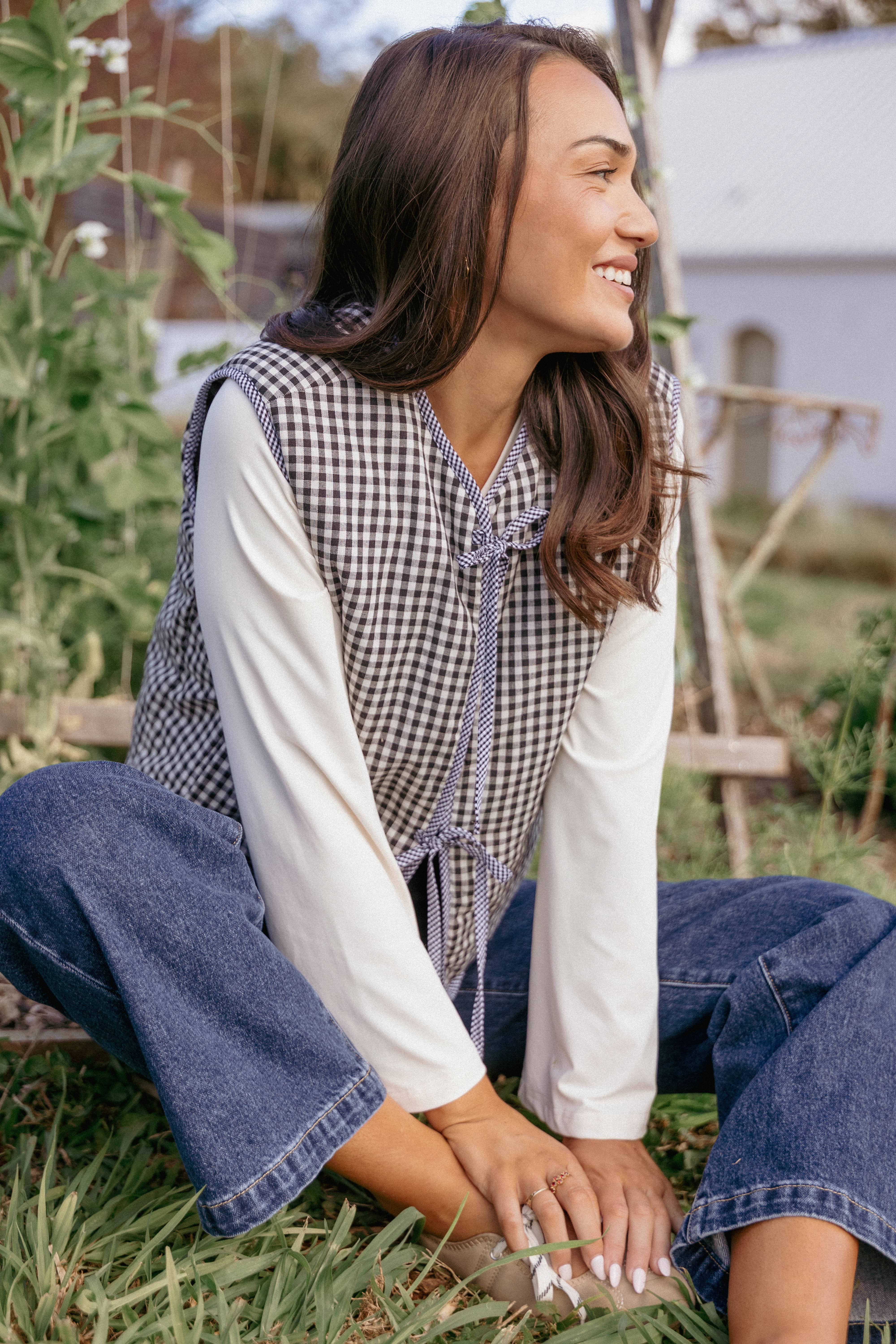 Laila Tie Front Vest - Black Gingham-Tactilefable
