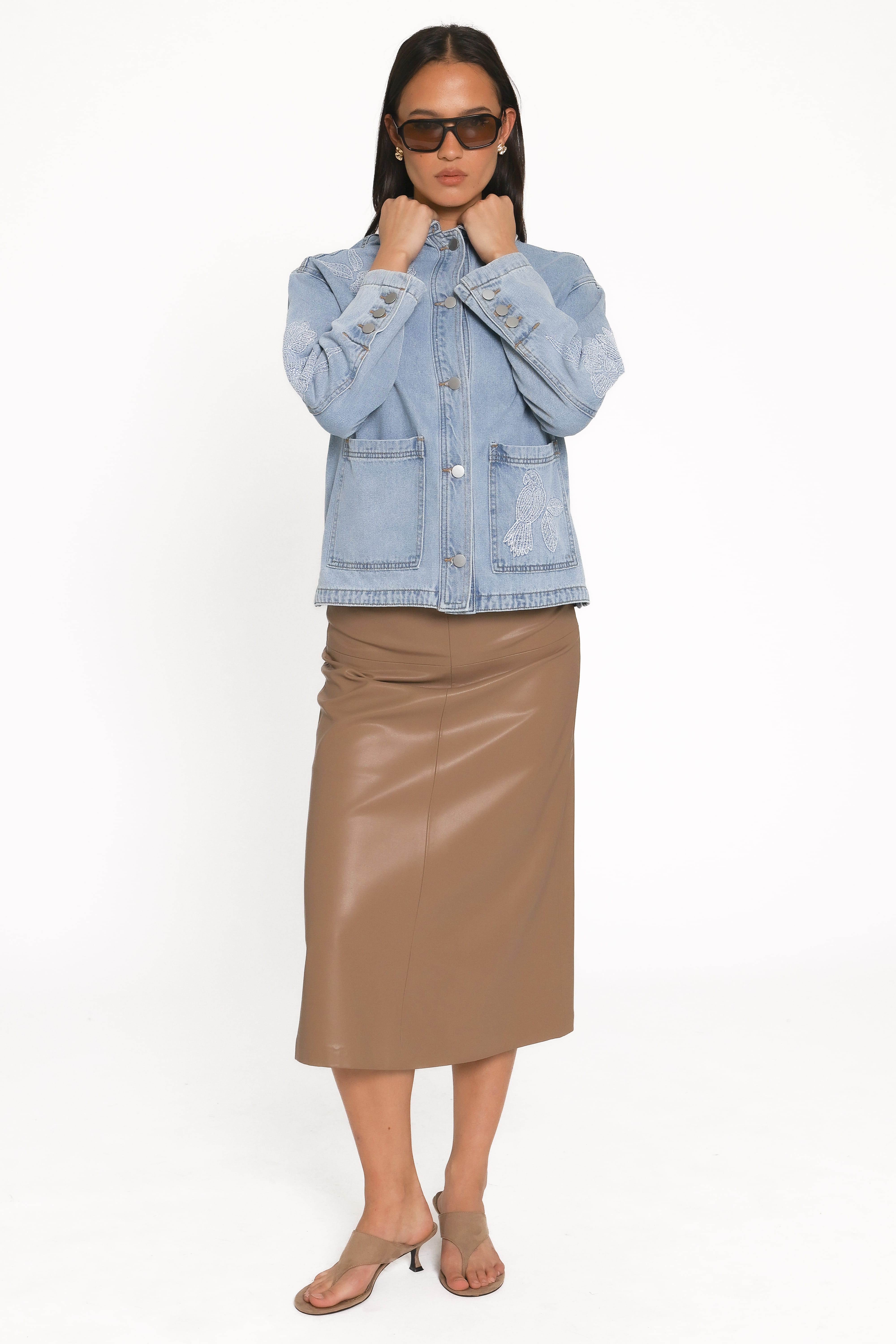 Mora Embroidered Denim Shacket - Light Wash-Tactilefable