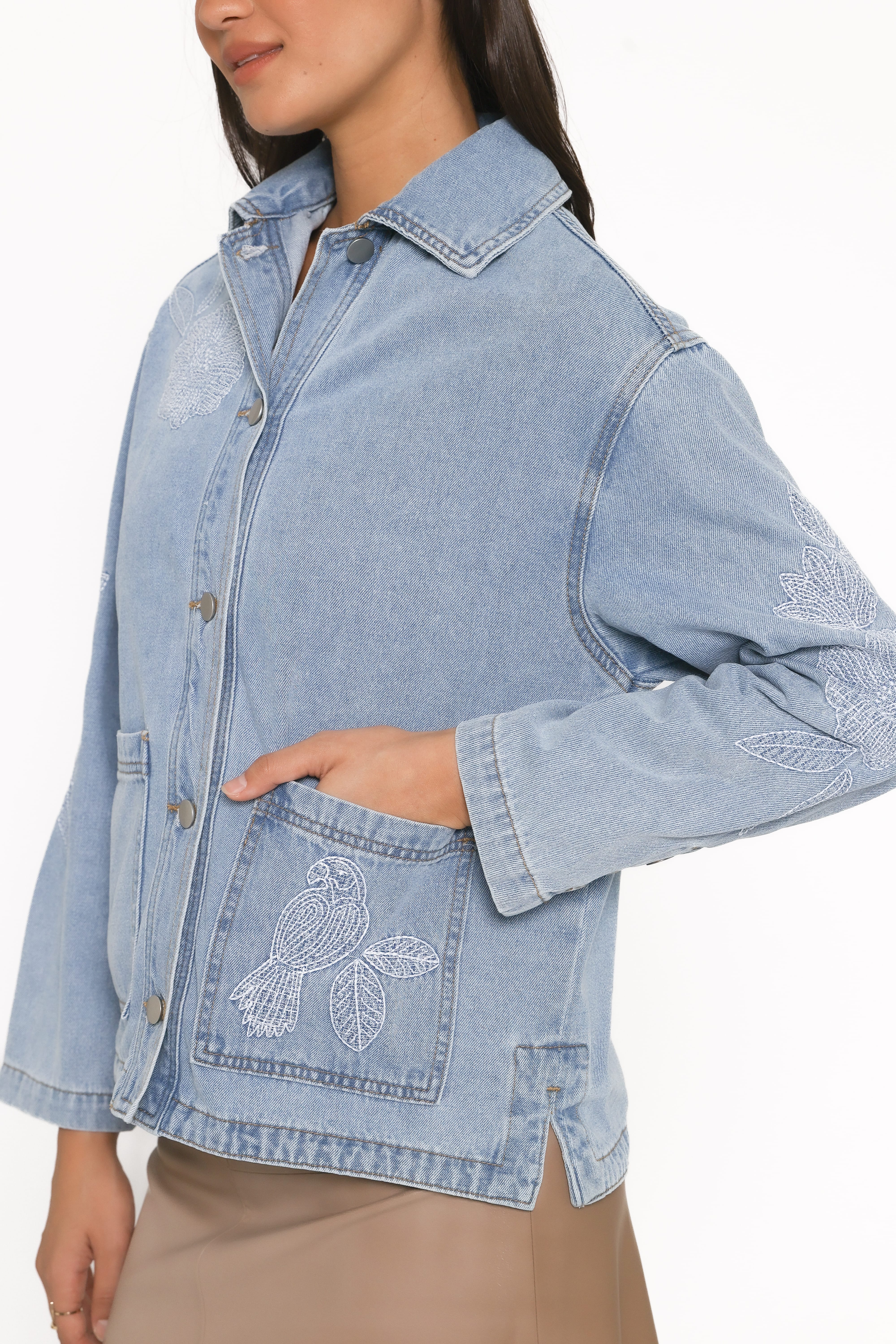 Mora Embroidered Denim Shacket - Light Wash-Tactilefable