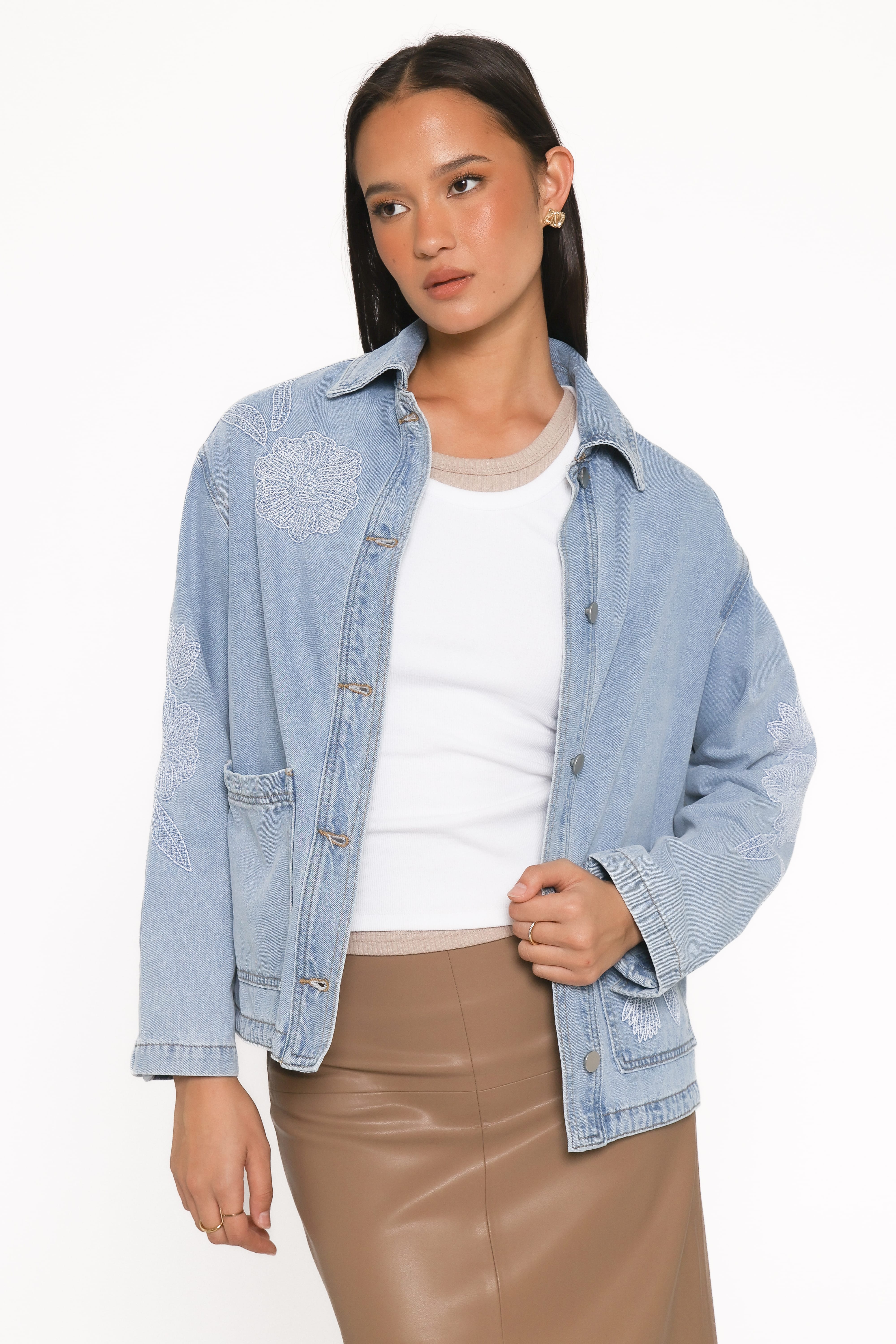 Mora Embroidered Denim Shacket - Light Wash-Tactilefable