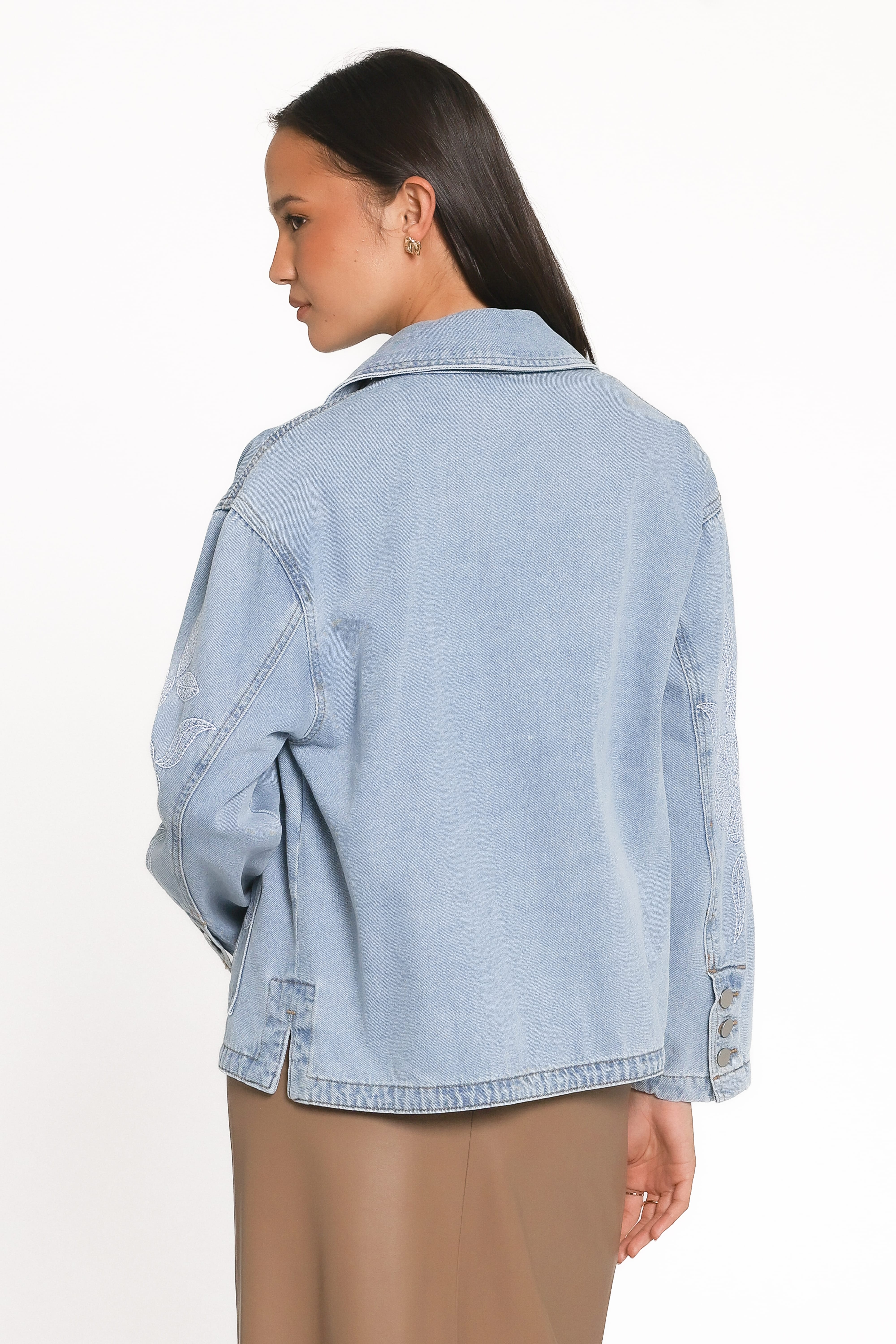 Mora Embroidered Denim Shacket - Light Wash-Tactilefable